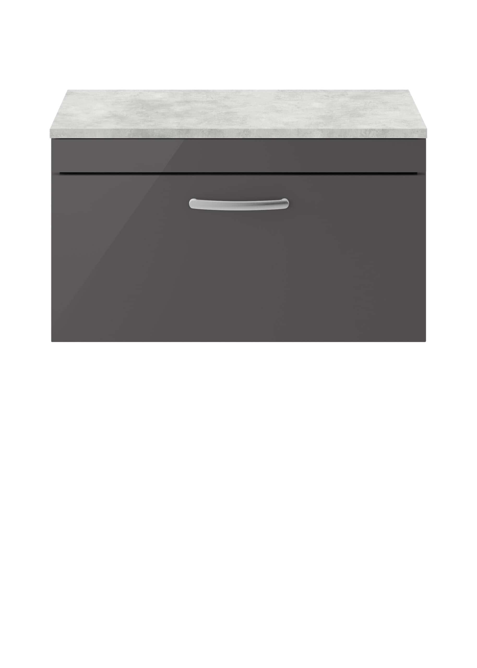 Grey bathroom vanity unit with a light grey marble top, modern design, and handle-inset drawer for bathroom storage solutions.