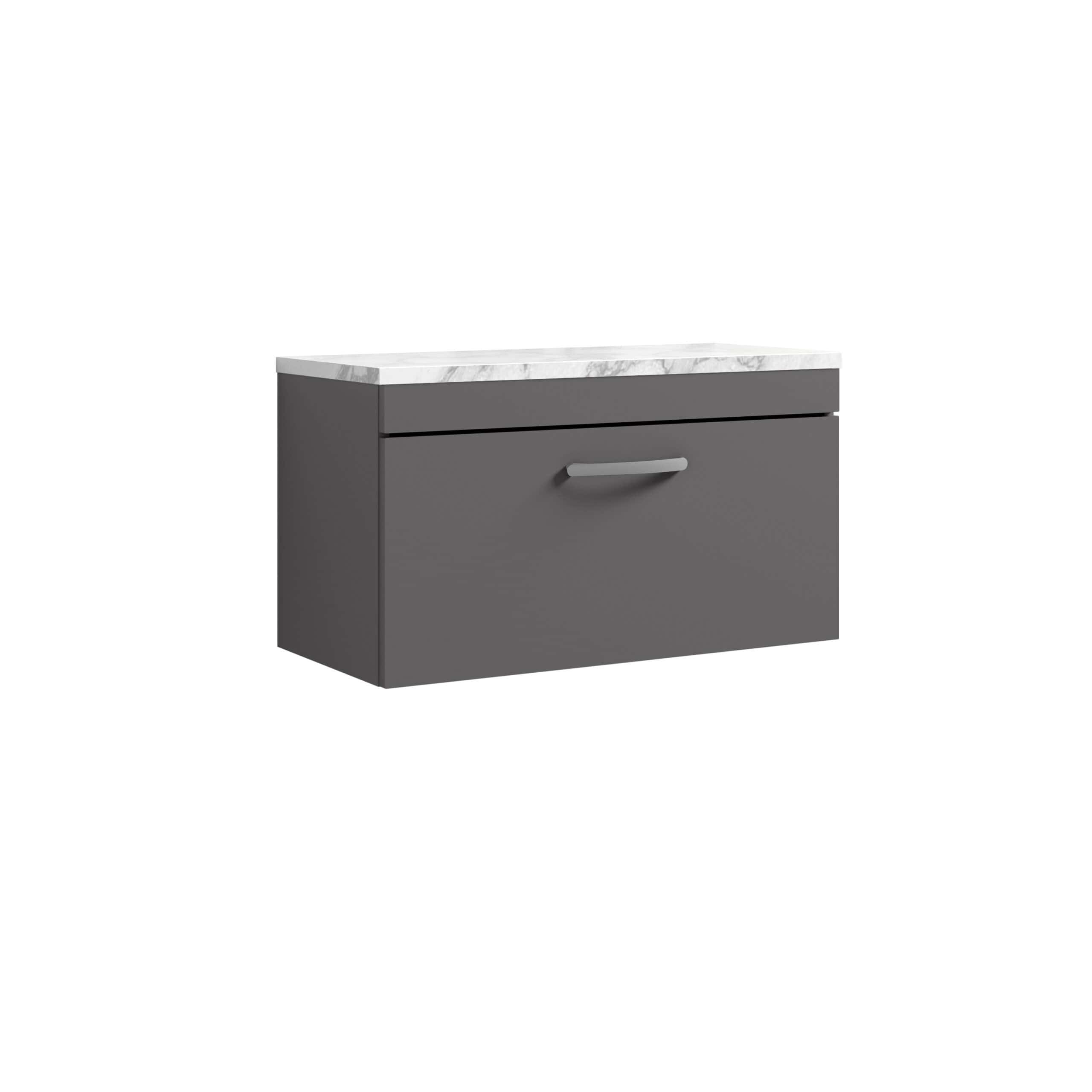Sleek grey bathroom vanity with marble countertop and modern handle, ideal for contemporary bathroom design. Ample storage space with durable materials, perfect for stylish and functional bathroom upgrades.