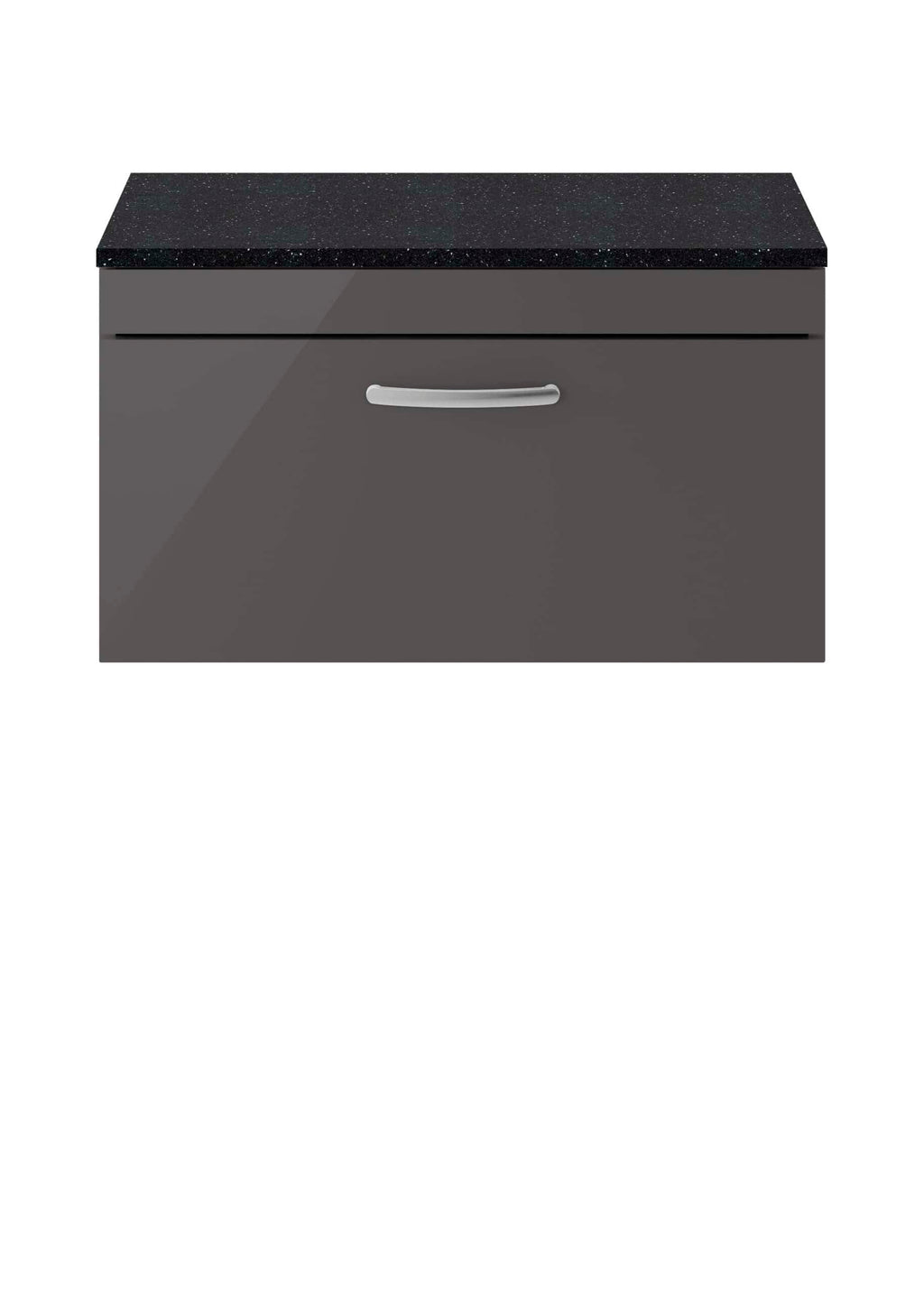 Black bathroom cabinet with a sleek grey drawer and a textured black countertop, perfect for modern bathroom storage solutions.