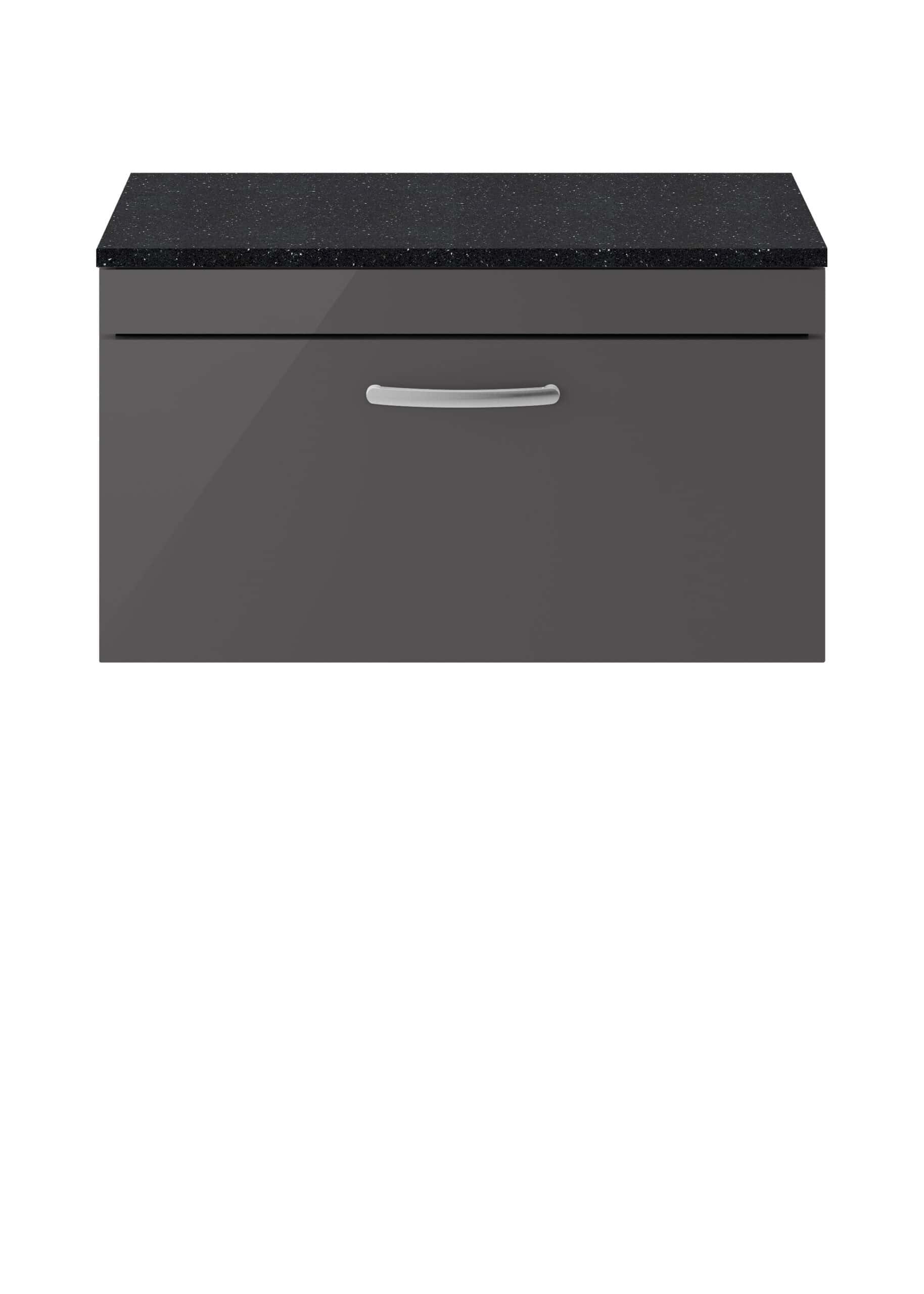 Black bathroom cabinet with a sleek grey drawer and a textured black countertop, perfect for modern bathroom storage solutions.
