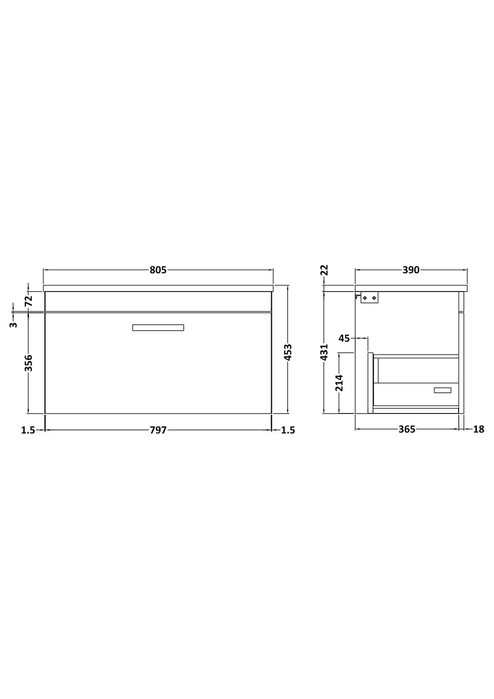 Contemporary bathroom vanity unit with detailed technical measurements, ideal for modern bathroom design and installation.