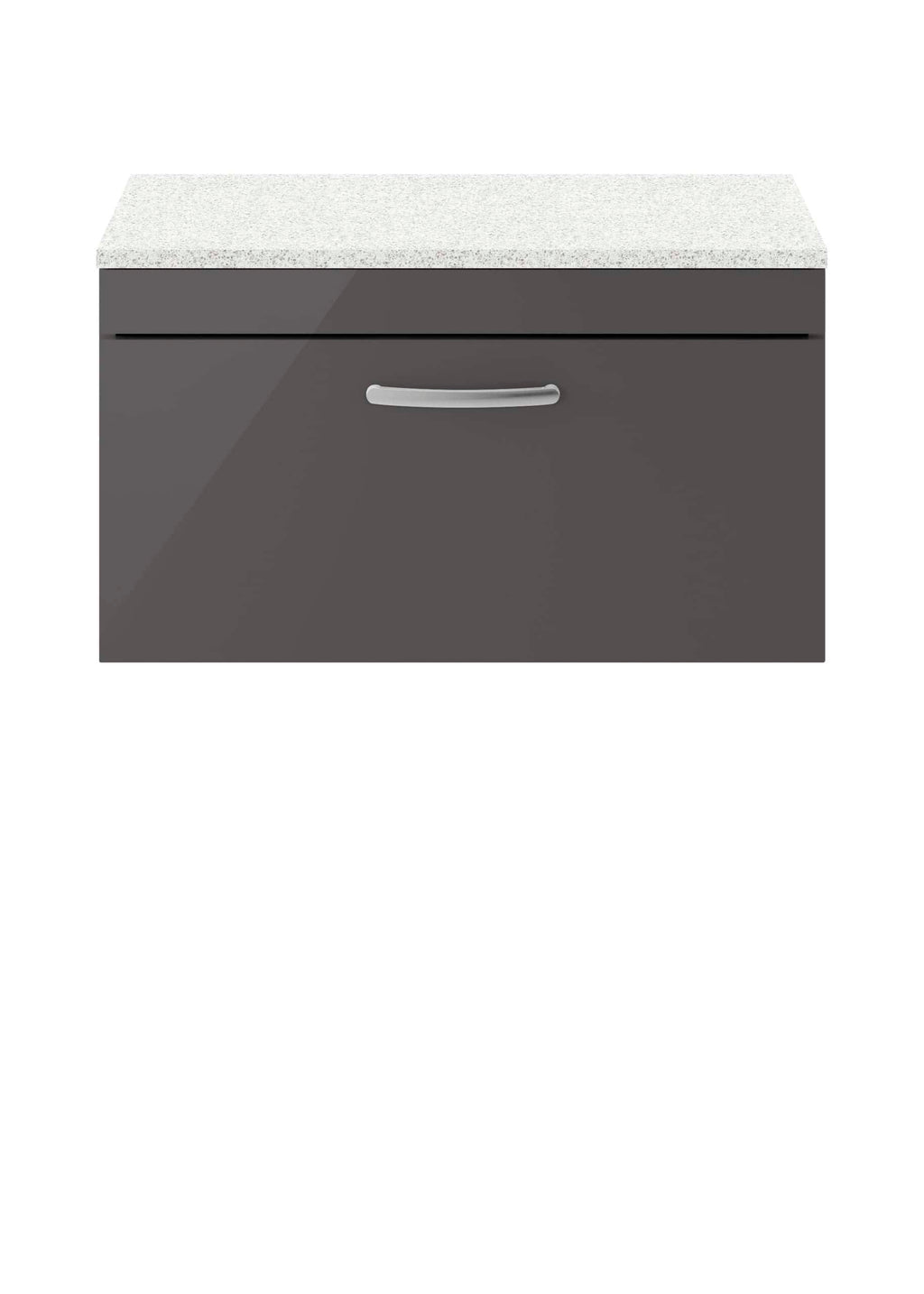 White and grey bathroom vanity with a granite top, modern storage cabinet, sleek handle design, ideal for contemporary bathroom interiors, durable and functional bathroom furniture piece.