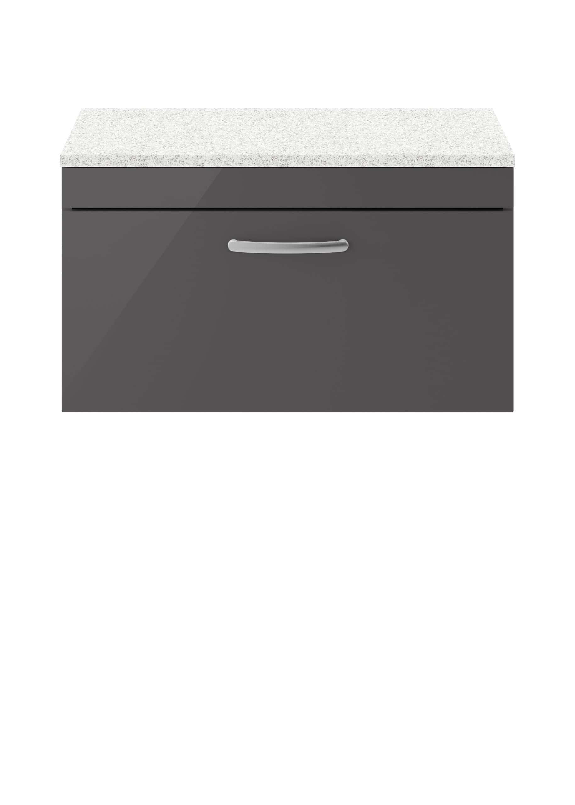 White and grey bathroom vanity with a granite top, modern storage cabinet, sleek handle design, ideal for contemporary bathroom interiors, durable and functional bathroom furniture piece.
