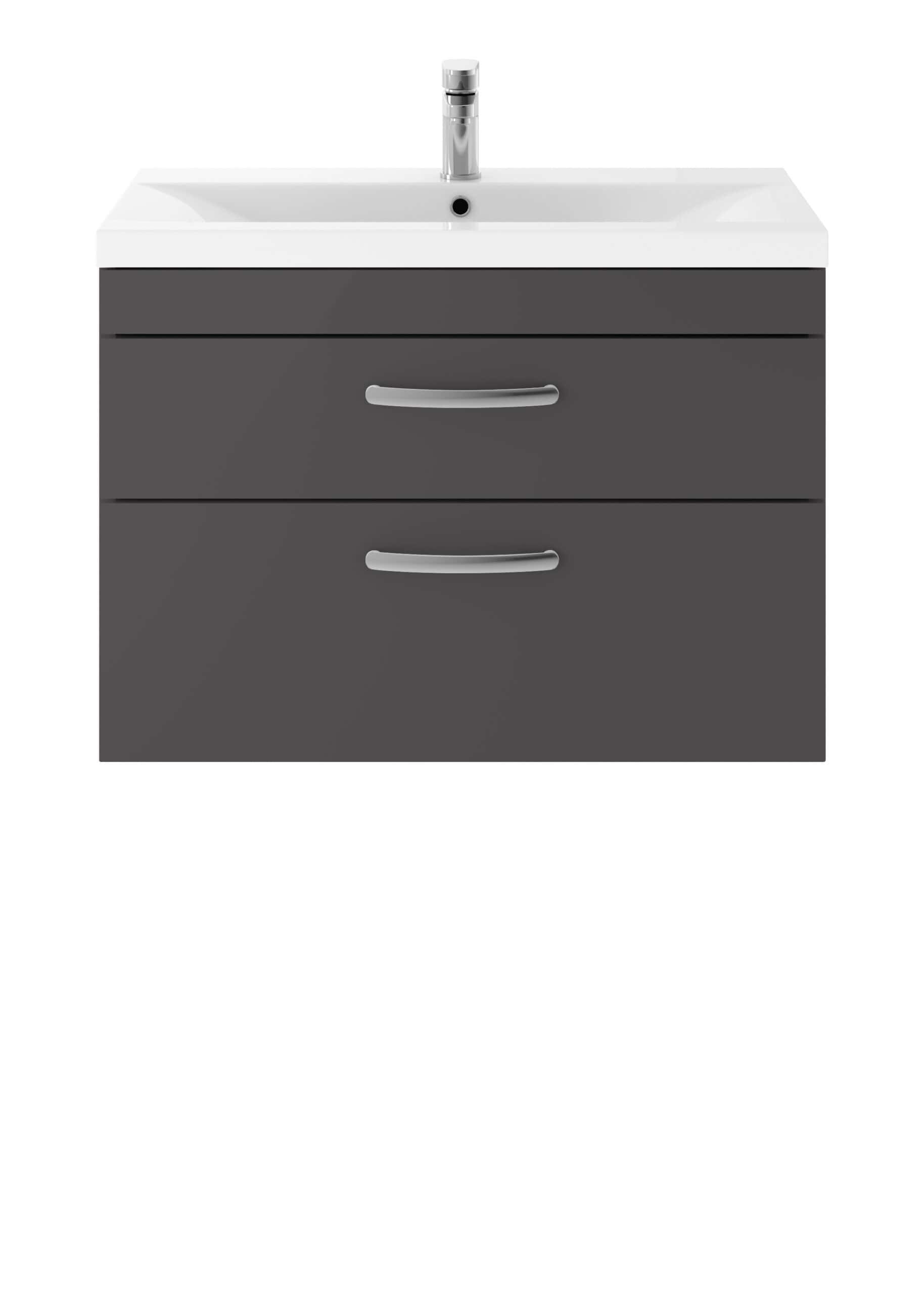 Chrome bathroom vanity with sink and storage drawers for modern bathroom decor and organisation. Stylish grey finish with sleek handles promotes functionality and contemporary design.