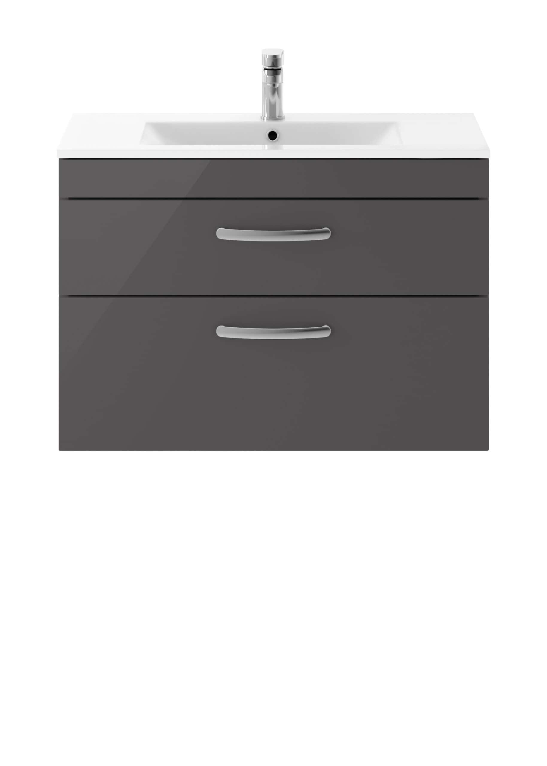 Modern bathroom vanity with integrated sink and storage drawers, featuring sleek grey finish and ergonomic handles, ideal for contemporary bathroom designs.