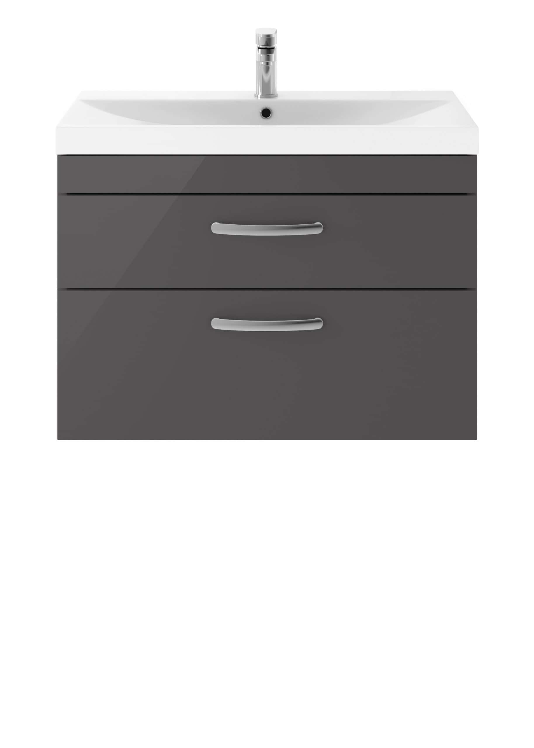 Modern grey bathroom vanity unit with a white ceramic sink and chrome faucet, designed for contemporary bathroom interiors. Perfect for storage and style in bathroom spaces.