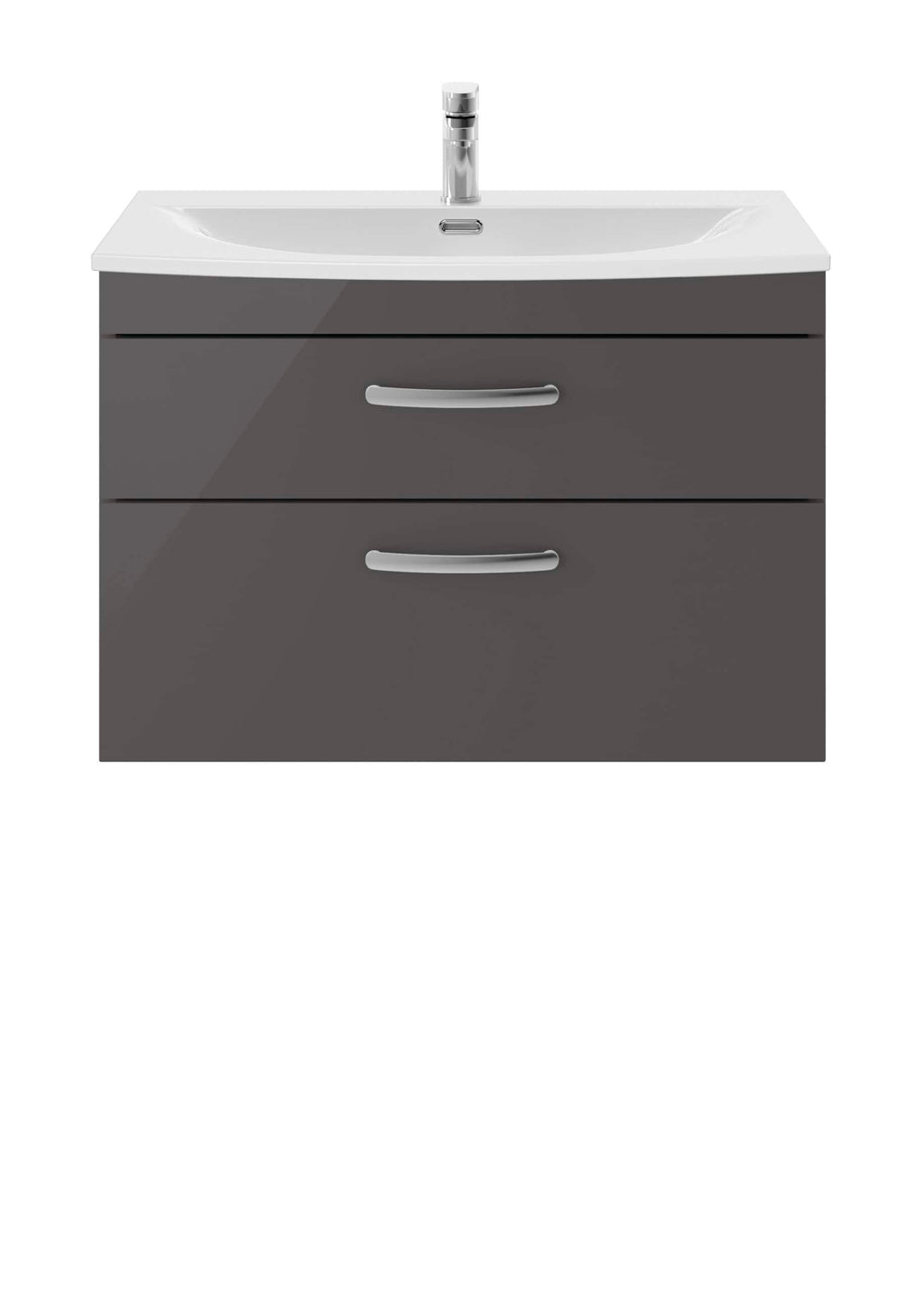 Modern grey bathroom vanity cabinet with integrated sink and chrome faucet, ideal for contemporary bathroom bathroom renovations and fittings.
