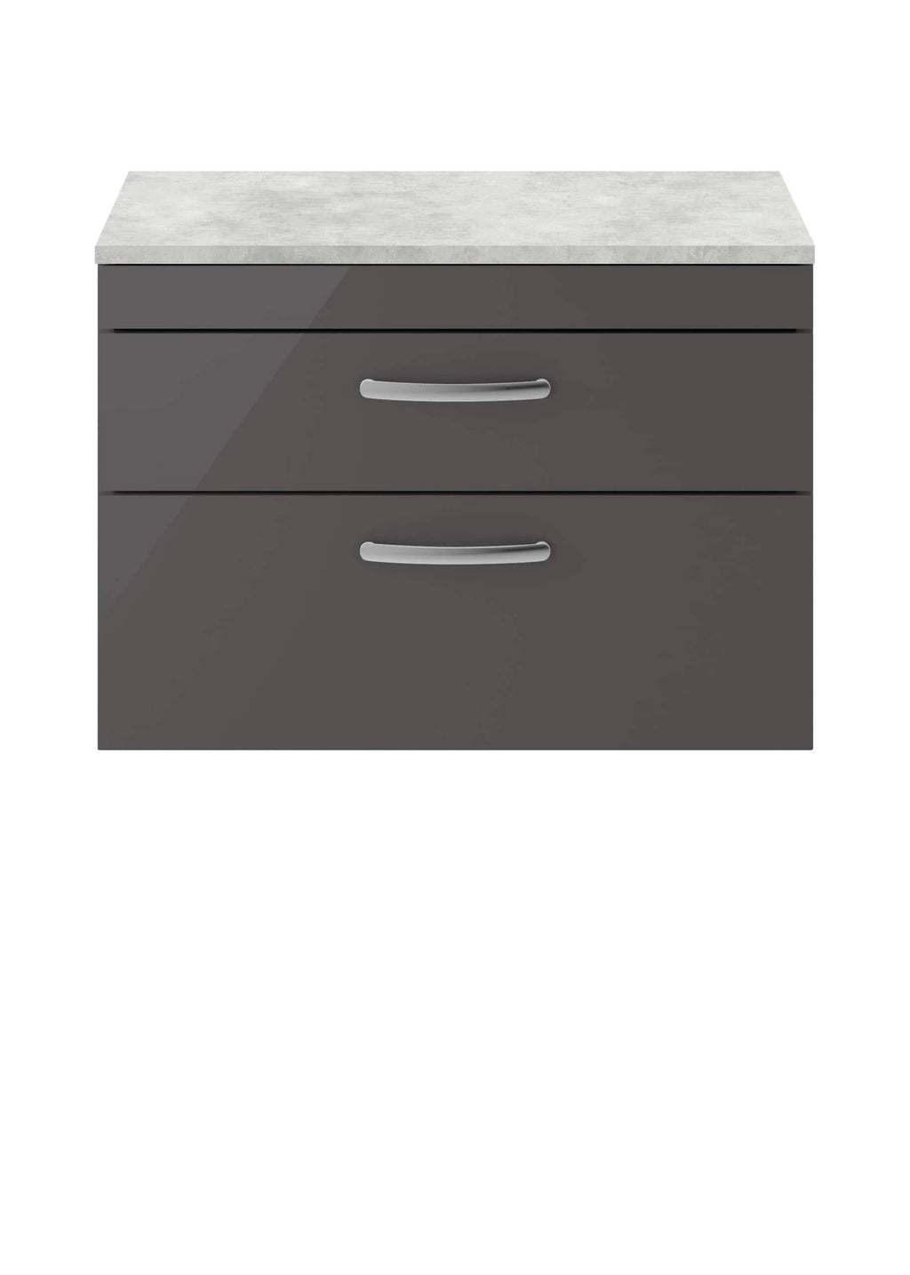 Grey bathroom vanity with a marble top, modern cabinet with two drawers and silver handles for stylish bathroom storage. Perfect for contemporary bathroom renovation.