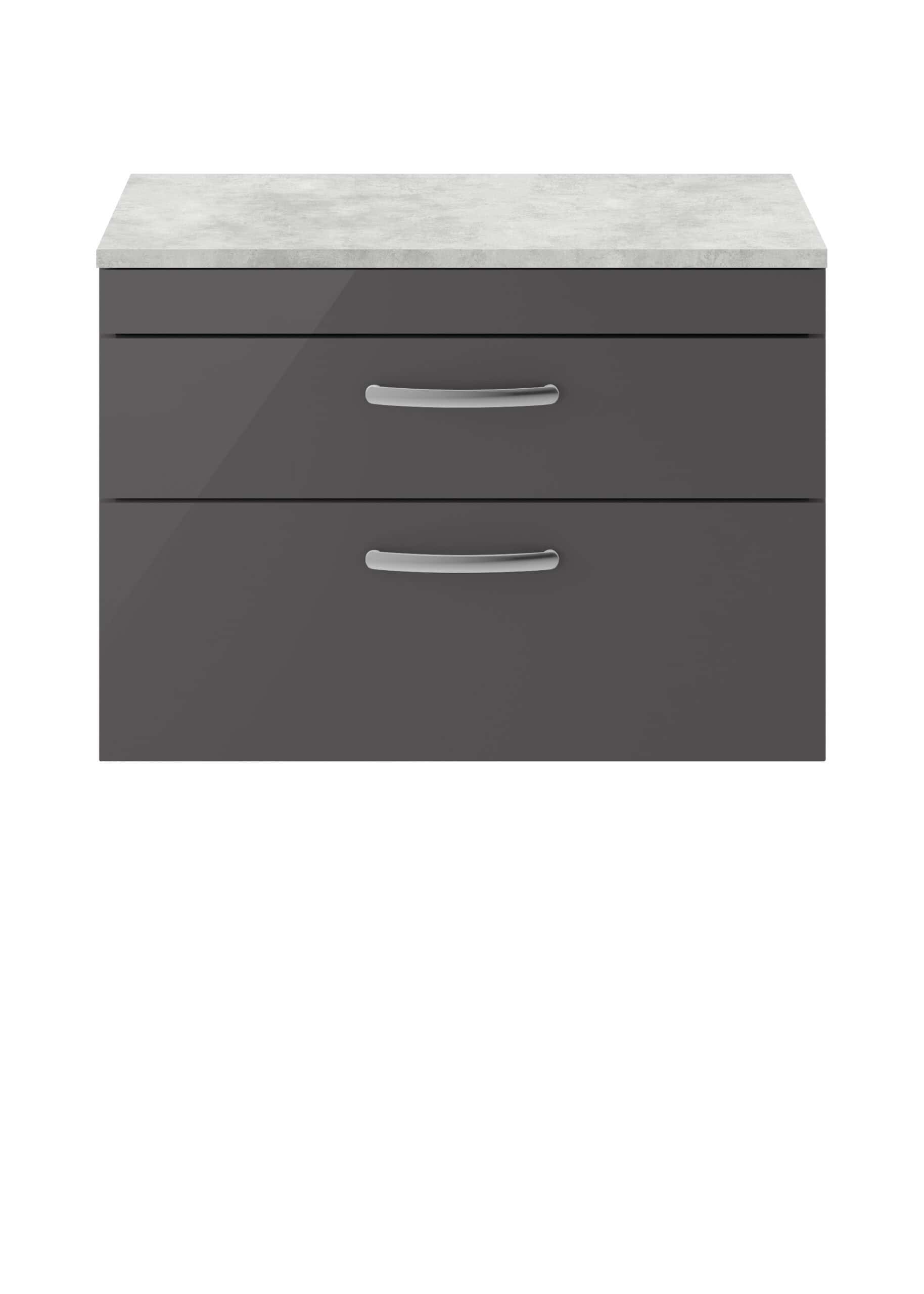 Grey bathroom vanity with a marble top, modern cabinet with two drawers and silver handles for stylish bathroom storage. Perfect for contemporary bathroom renovation.