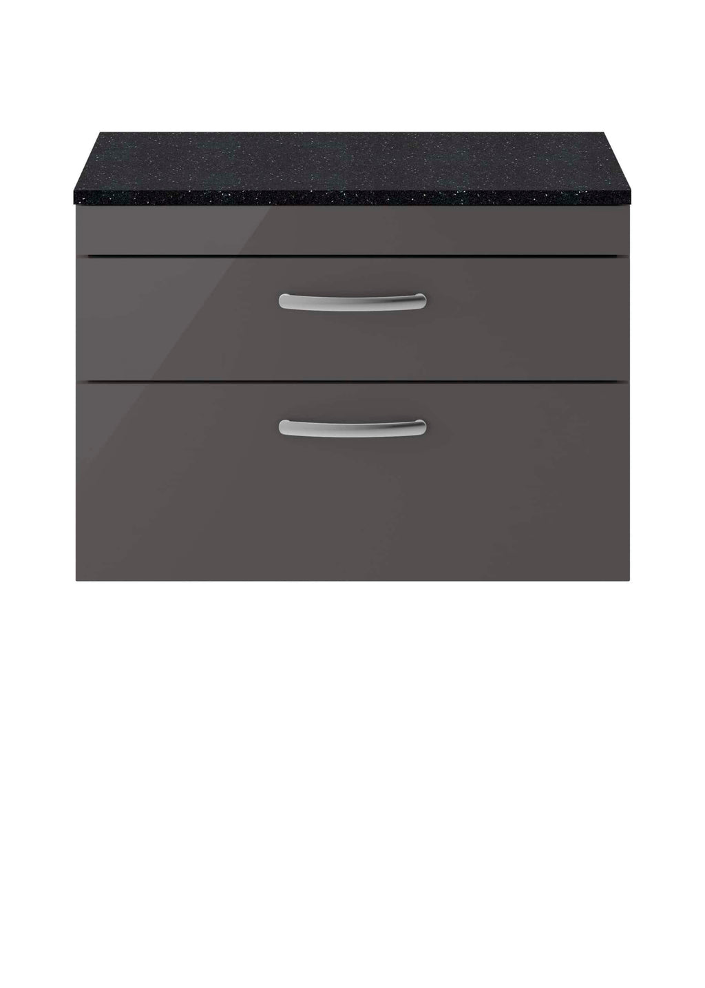Grey bathroom cabinet with two drawers and a black speckled countertop, ideal for modern bathroom storage solutions. Crafted for convenience and style.