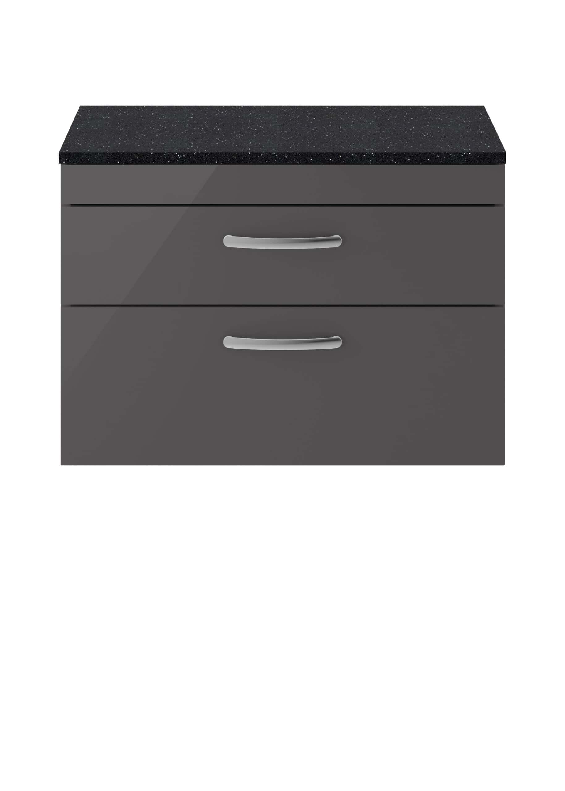 Grey bathroom cabinet with two drawers and a black speckled countertop, ideal for modern bathroom storage solutions. Crafted for convenience and style.
