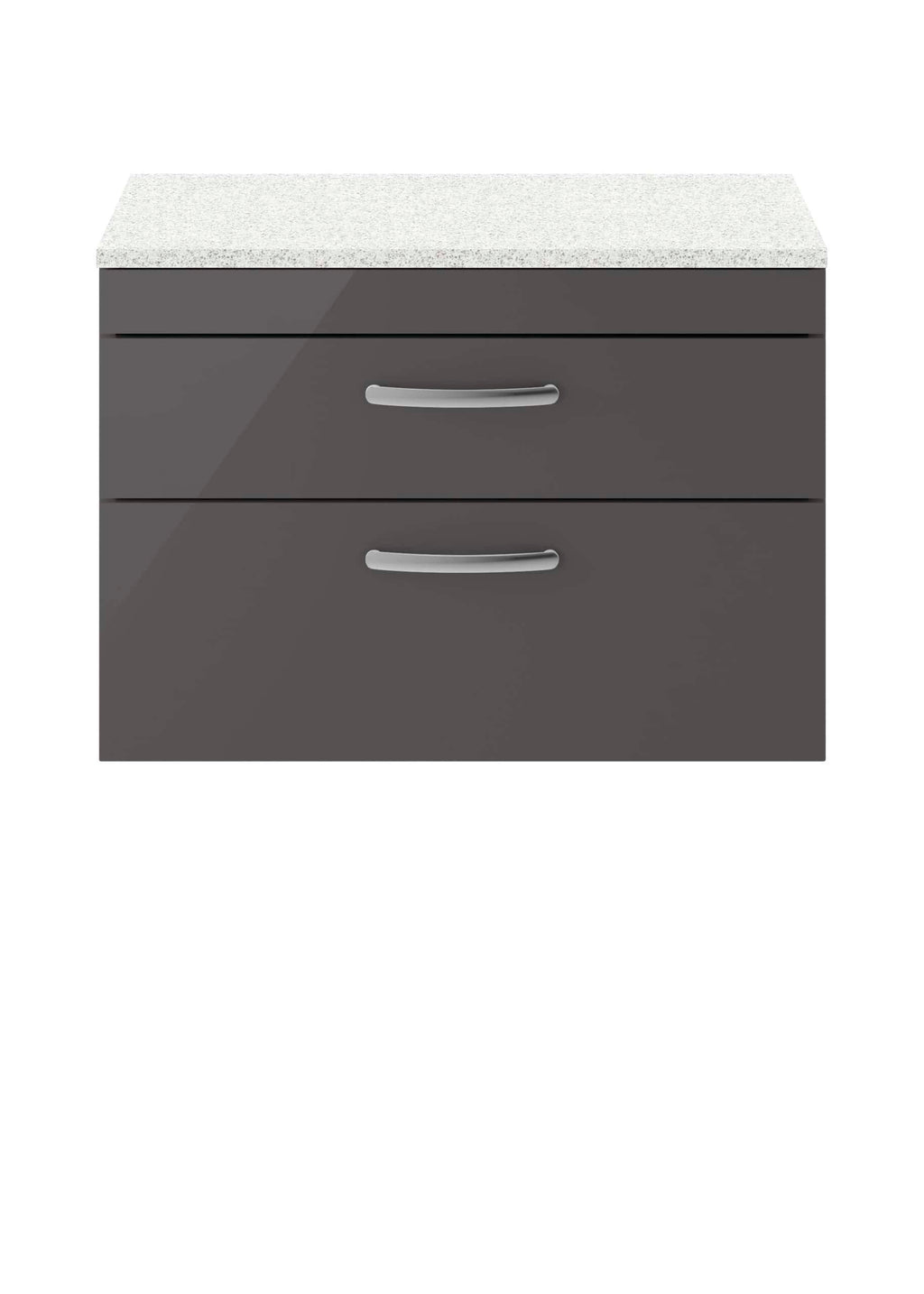 Grey bathroom vanity unit with two drawers and a white speckled countertop.