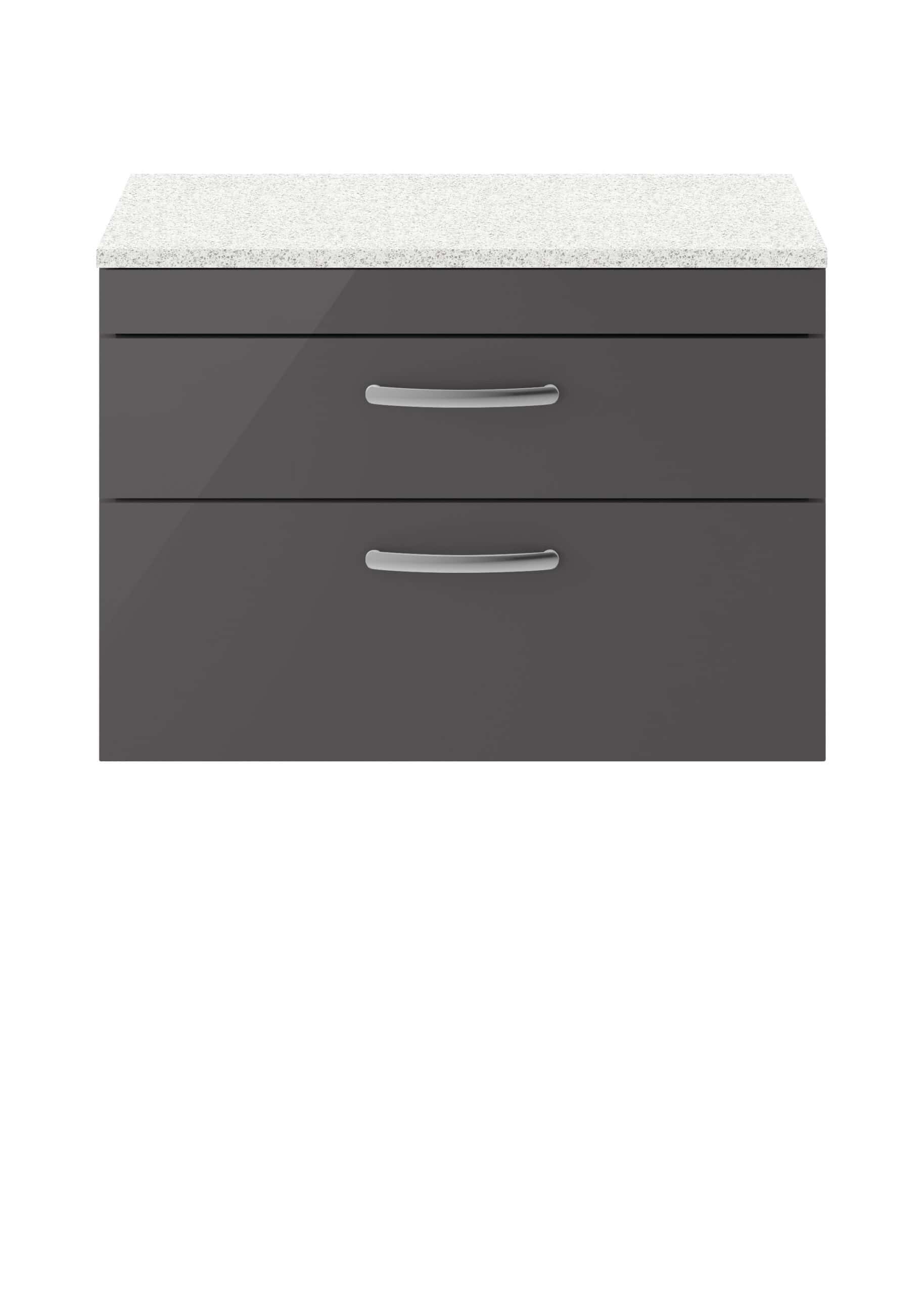 Grey bathroom vanity unit with two drawers and a white speckled countertop.