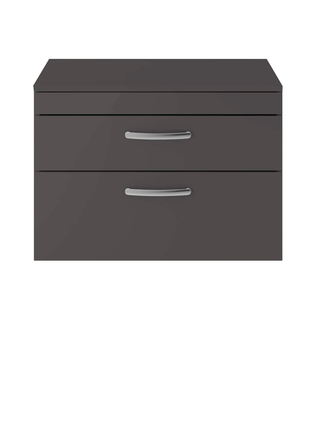 Black bathroom storage cabinet with two drawers and sleek silver handles for modern bathroom organisation.
