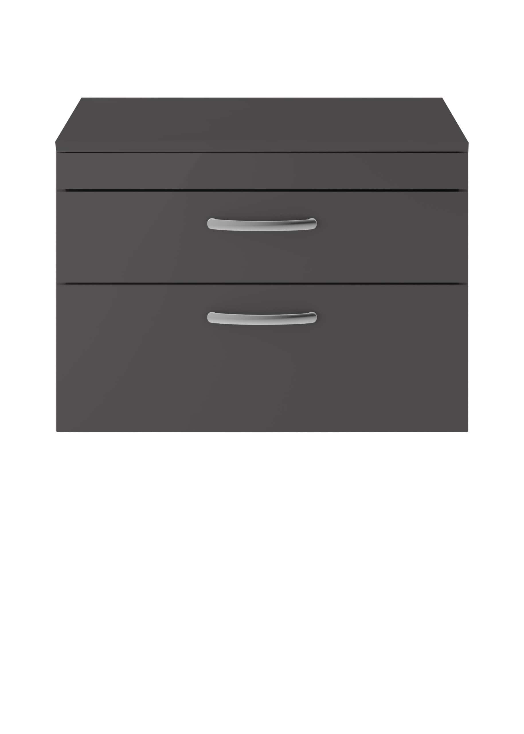 Black bathroom storage cabinet with two drawers and sleek silver handles for modern bathroom organisation.