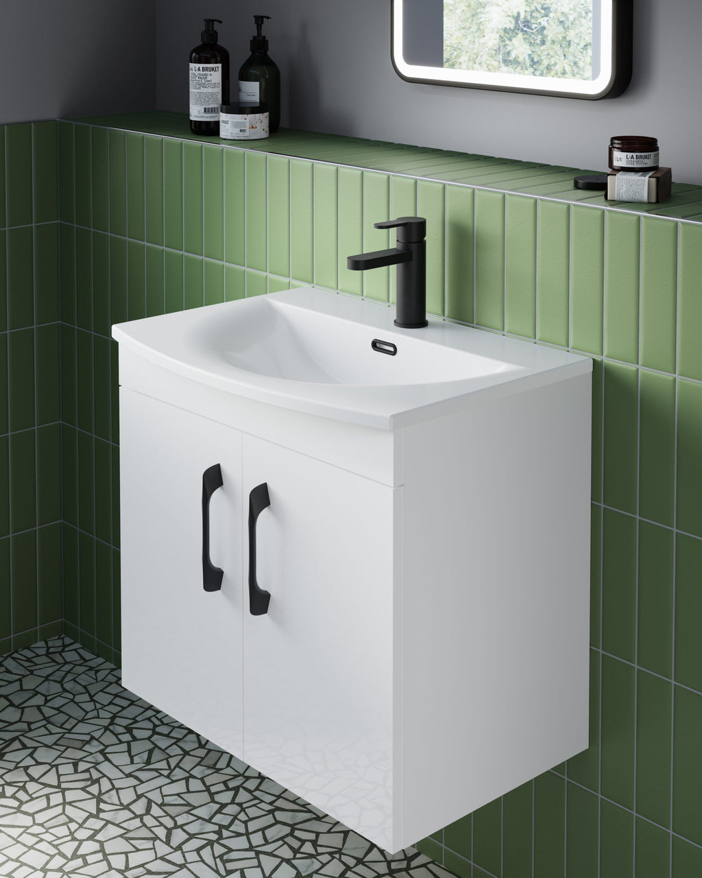 White bathroom vanity with black handle taps, modern washbasin cabinet for bathroom storage, sleek design for contemporary Bubly Bathrooms.