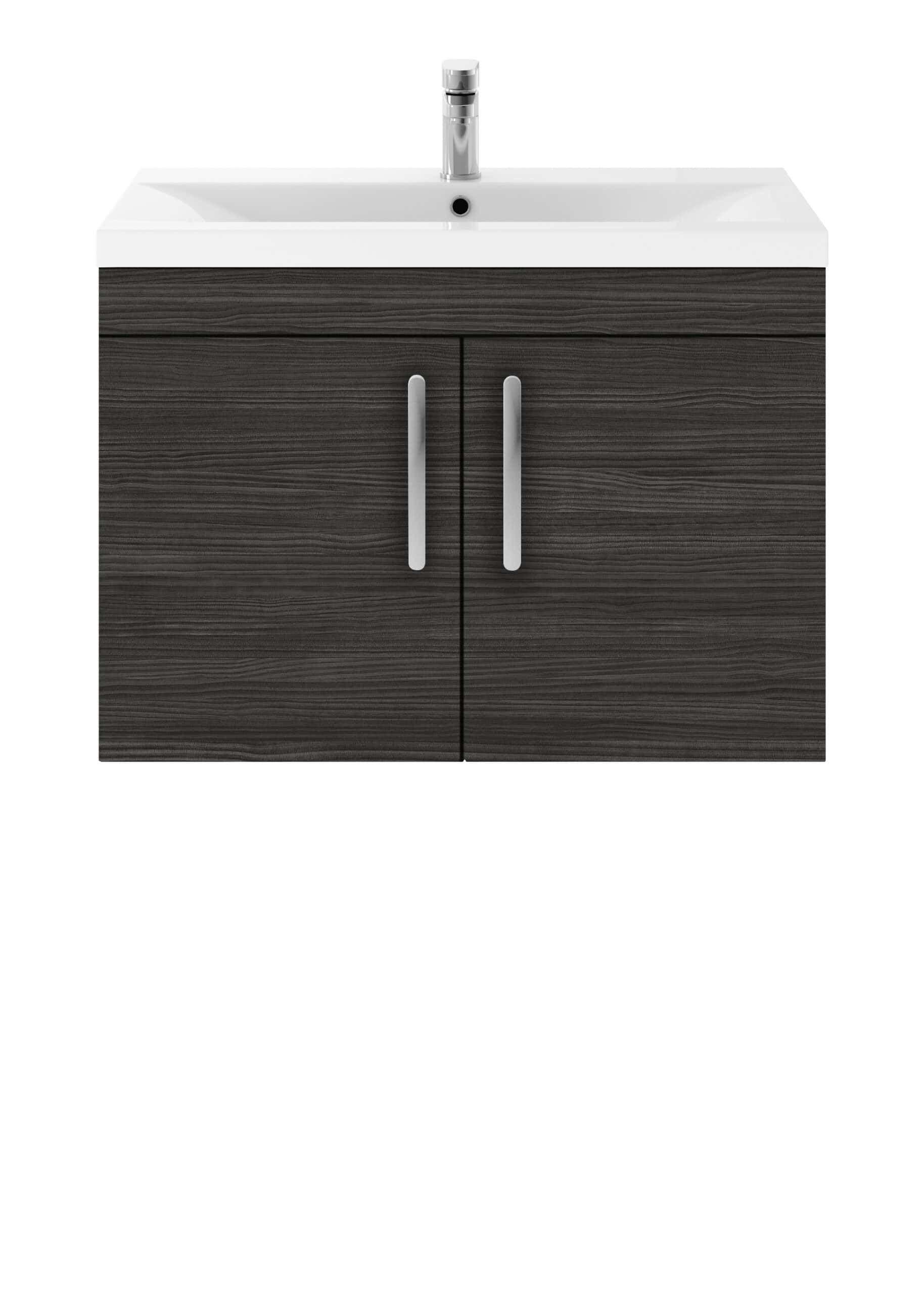 Cream sink vanity with modern chrome tap, dark wood finish cabinet, providing stylish and functional bathroom storage, ideal for contemporary bathroom designs.