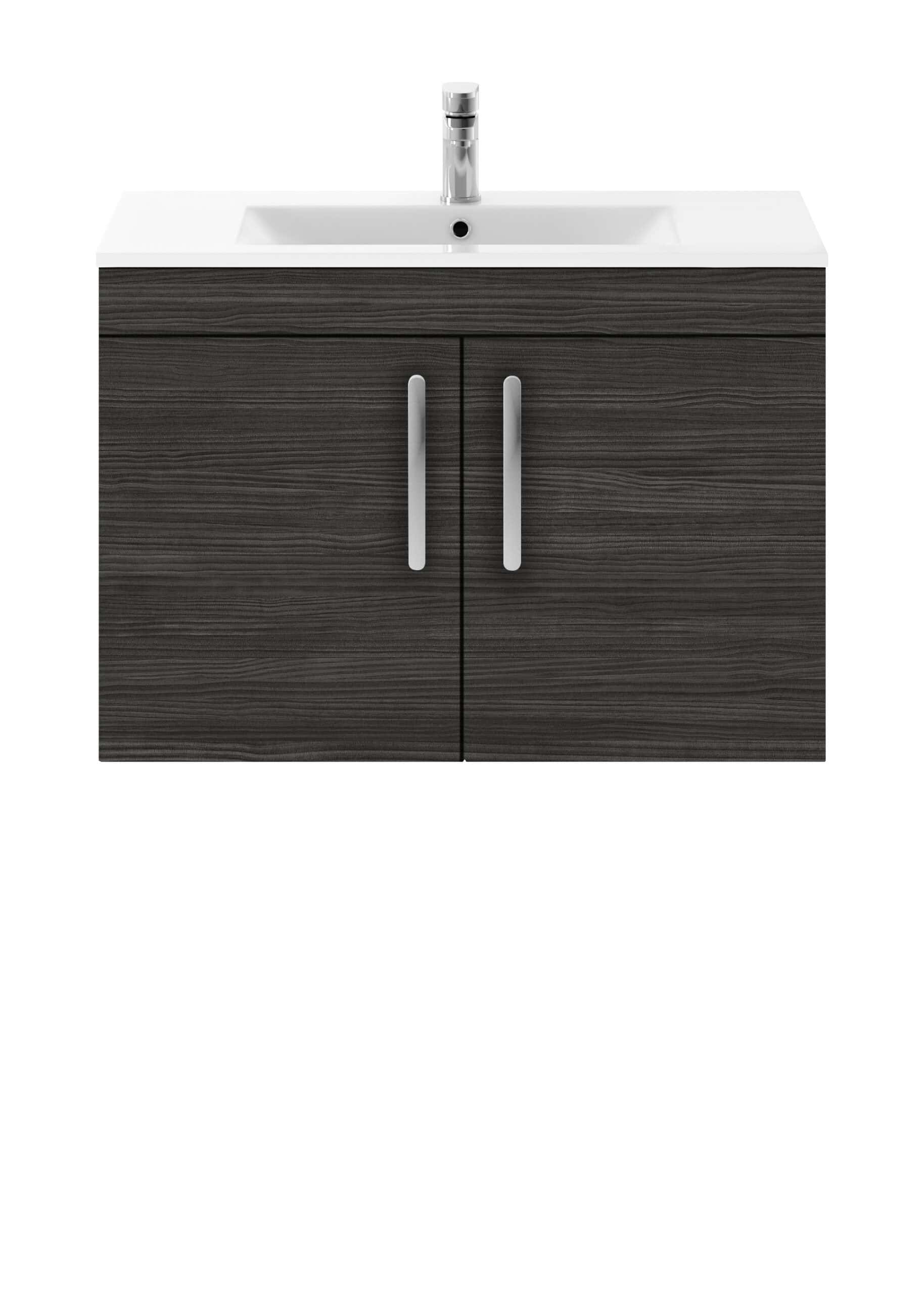 White bathroom vanity with sink and modern chrome tap for bathroom decor and storage.