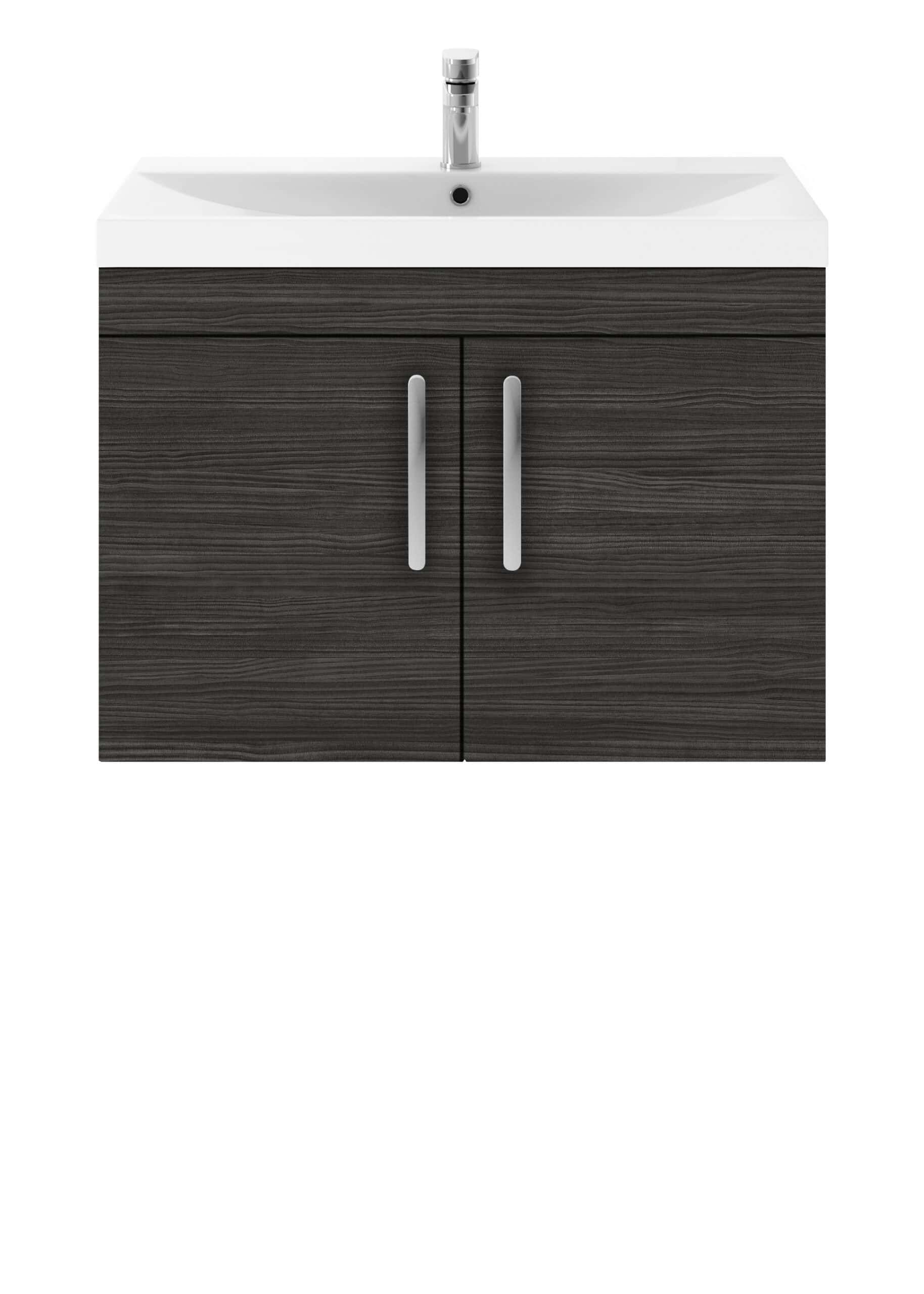 Dark wood effect bathroom vanity unit with a white ceramic sink and chrome tap, perfect for modern bathrooms. Durable and stylish storage solution for bathroom essentials.