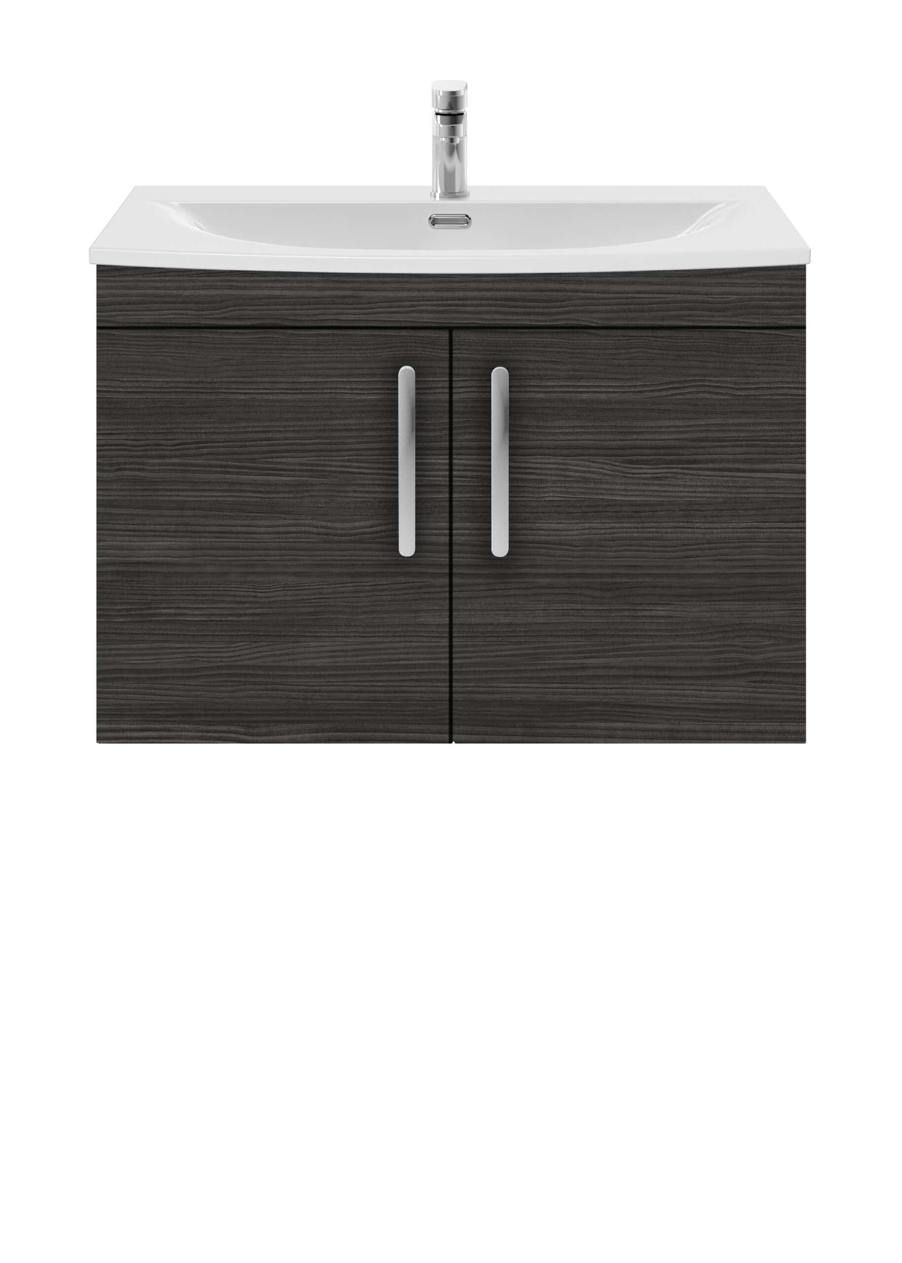 White bathroom vanity unit with a dark wood finish and a built-in sink, ideal for modern bathroom storage solutions. Sturdy cabinet with sleek silver handles for contemporary bathroom design.