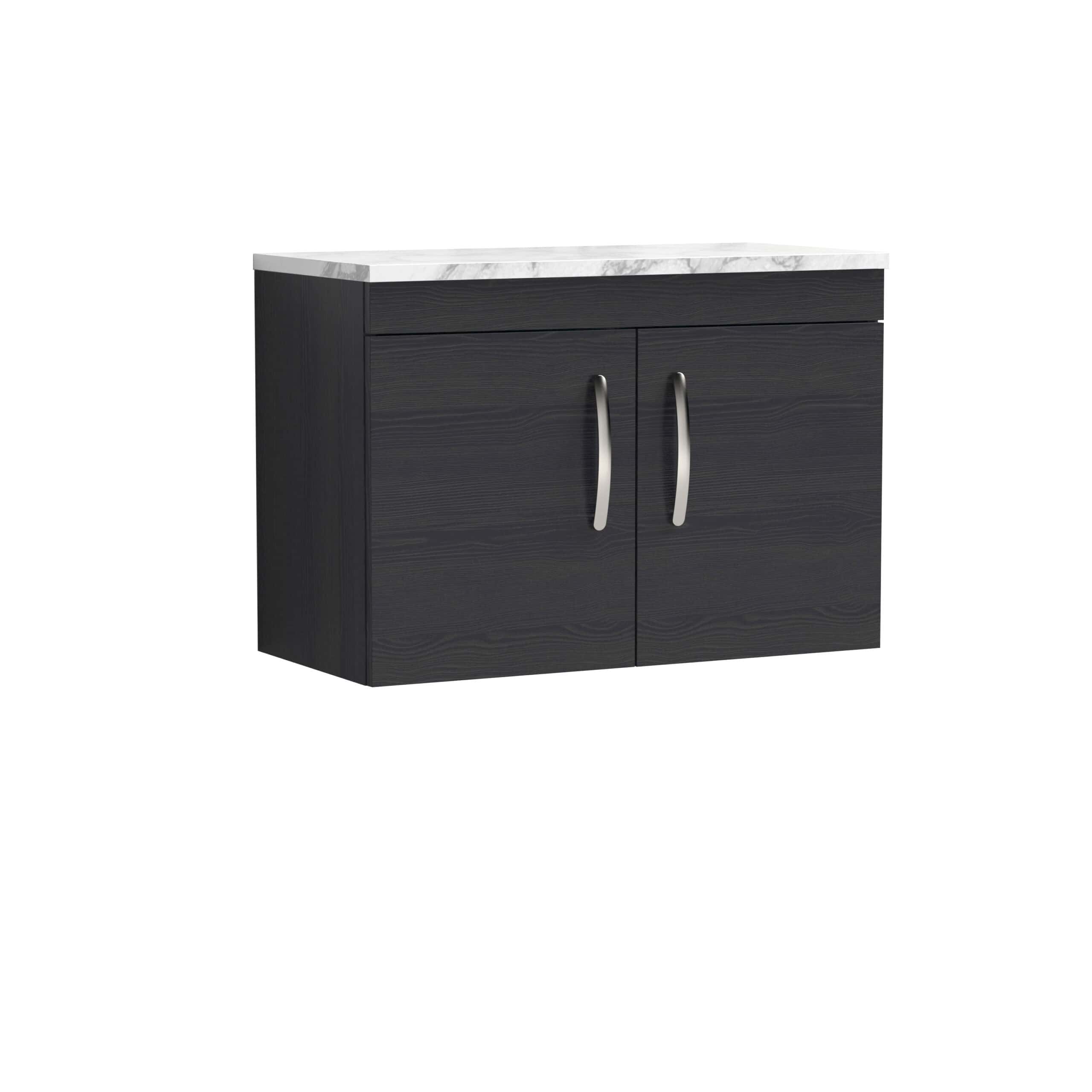 Modern black bathroom vanity with white marble countertop and brushed nickel handles, designed for contemporary bathroom decor.
