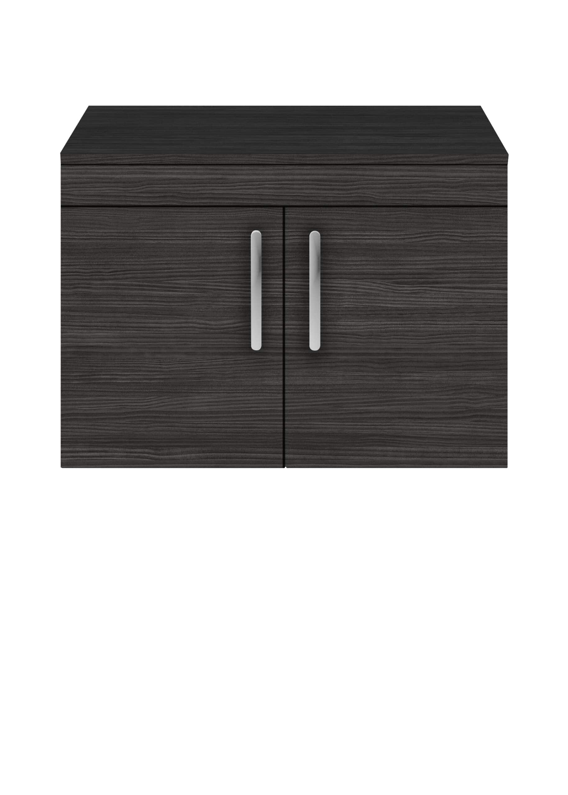 Dark brown wooden bathroom cabinet with sleek silver handles, perfect for modern bathroom storage solutions.