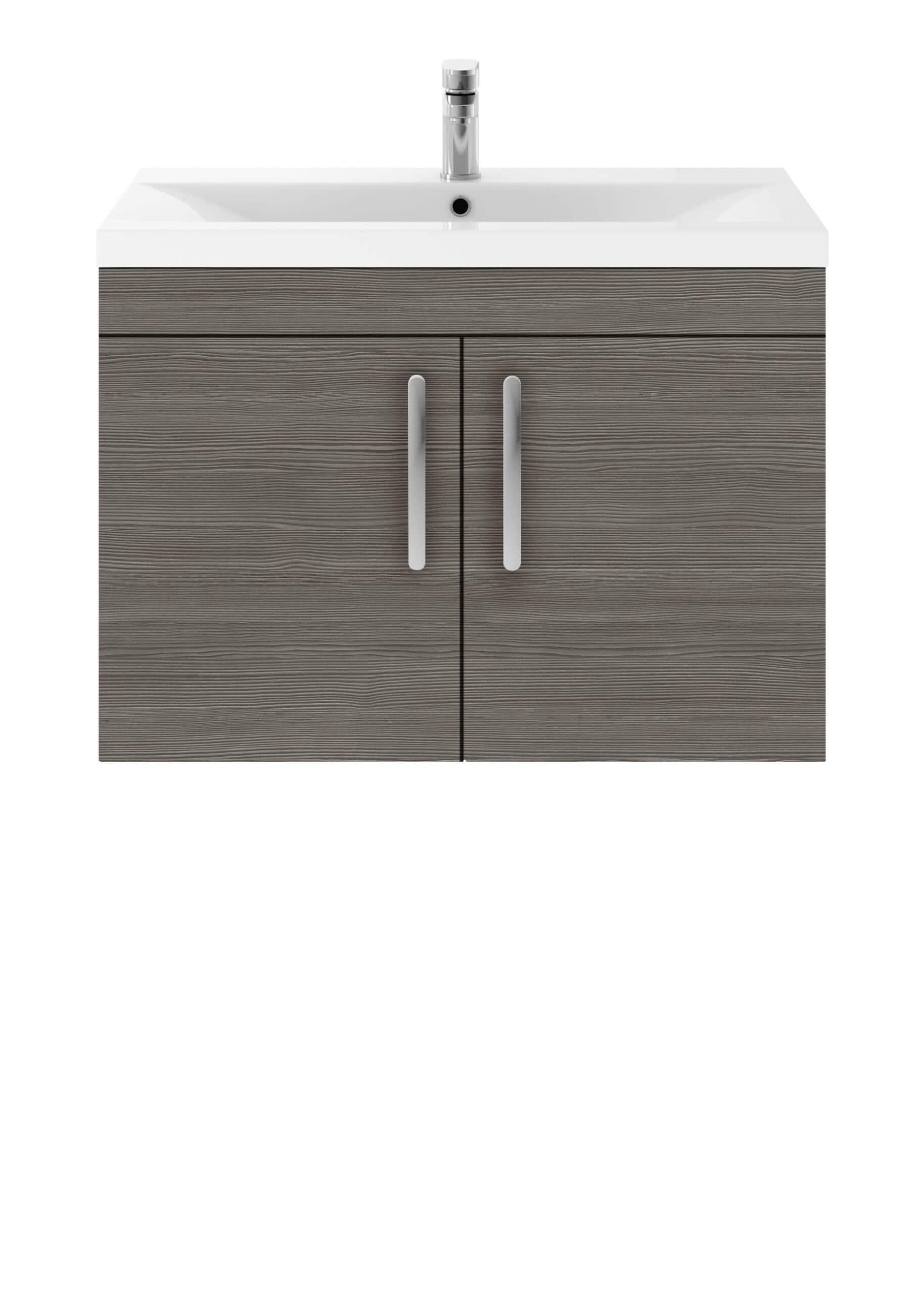 Wooden bathroom vanity unit with integrated sink and modern chrome tap for stylish bathroom storage and design.