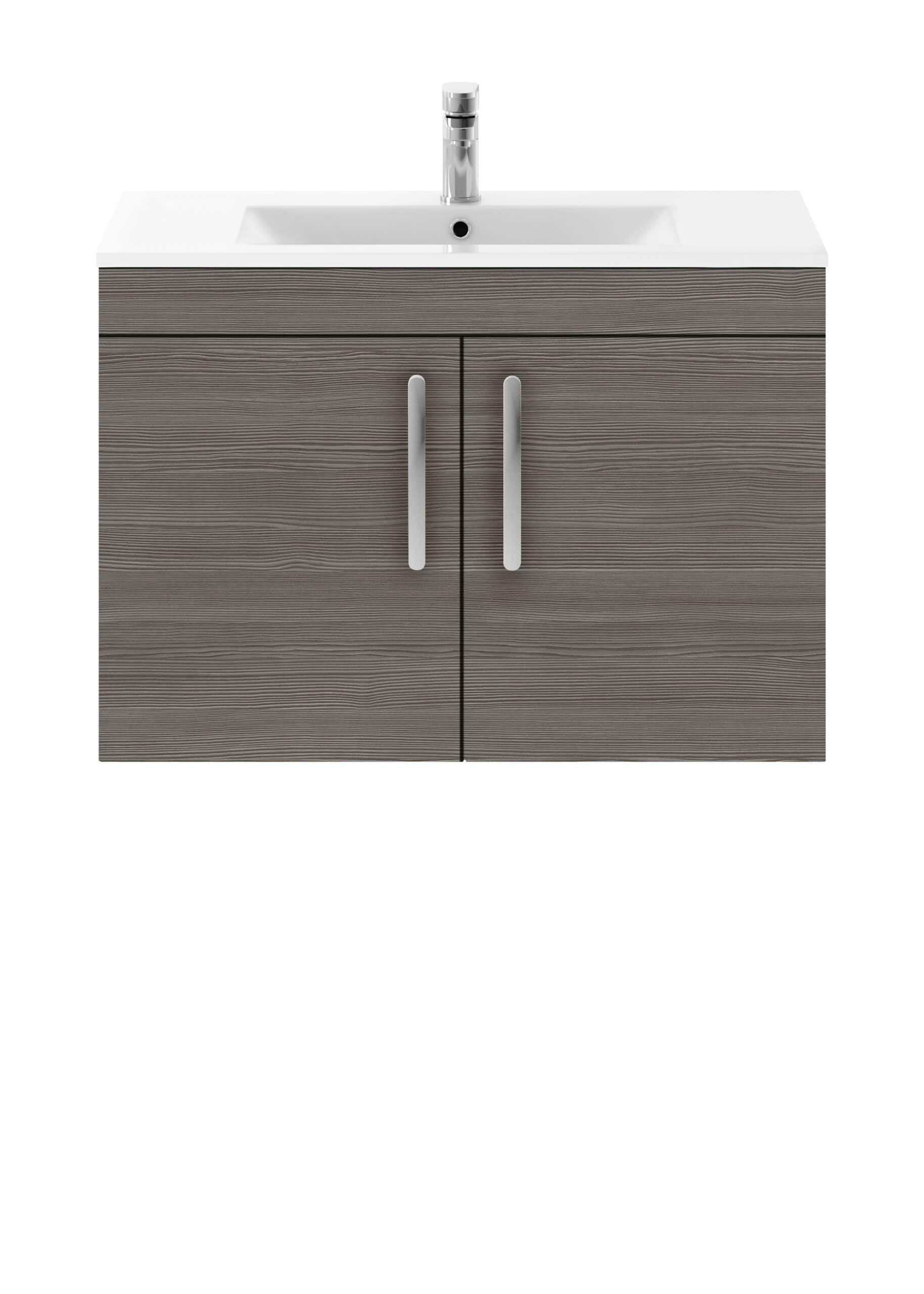 Modern bathroom vanity with storage cupboard and integrated sink, featuring sleek grey wood finish and contemporary silver handles, ideal for bathroom renovation.