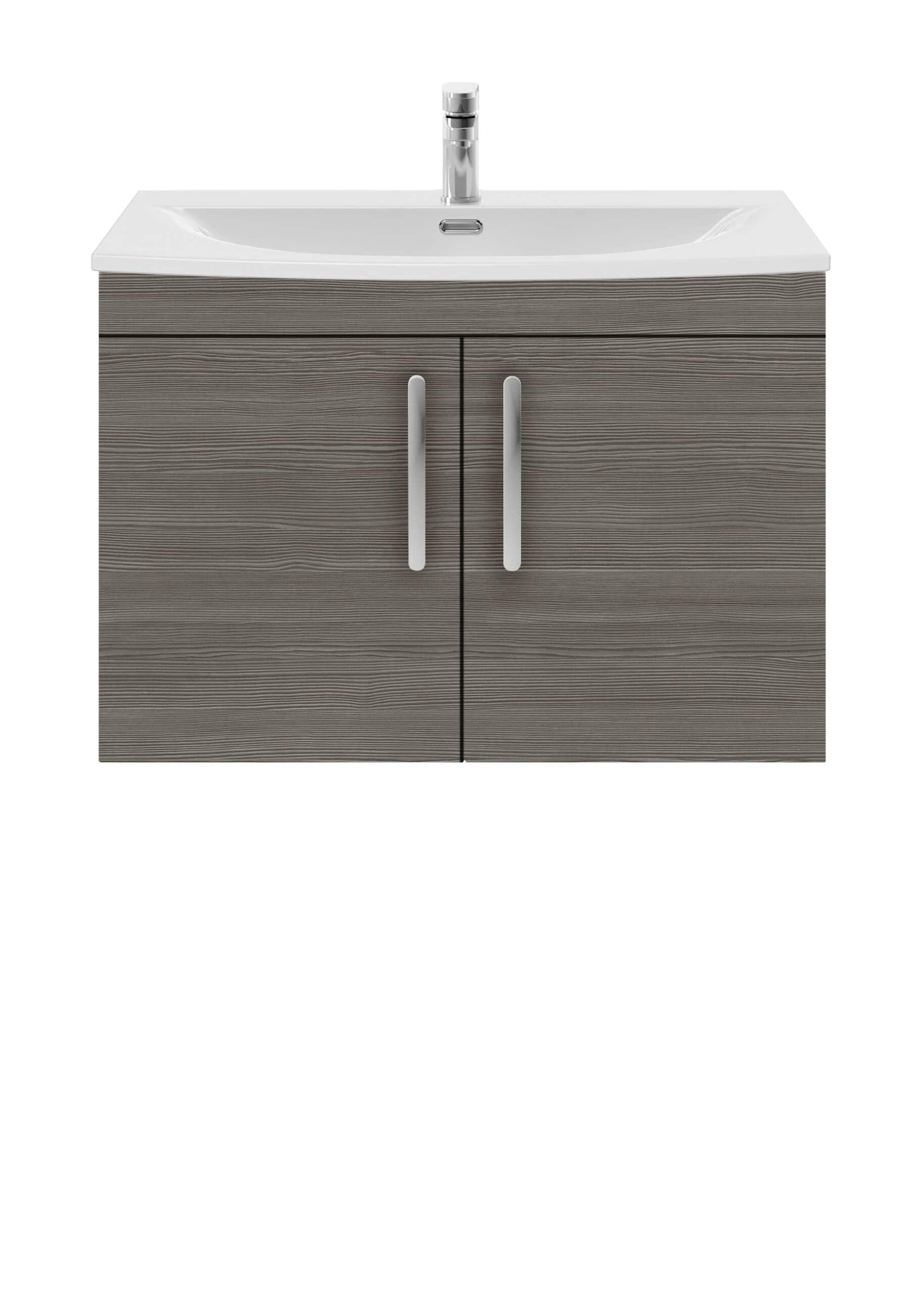 Wood effect bathroom vanity unit with integrated sink and chrome handles, ideal for modern bathroom decor, offering practical storage and stylish design.