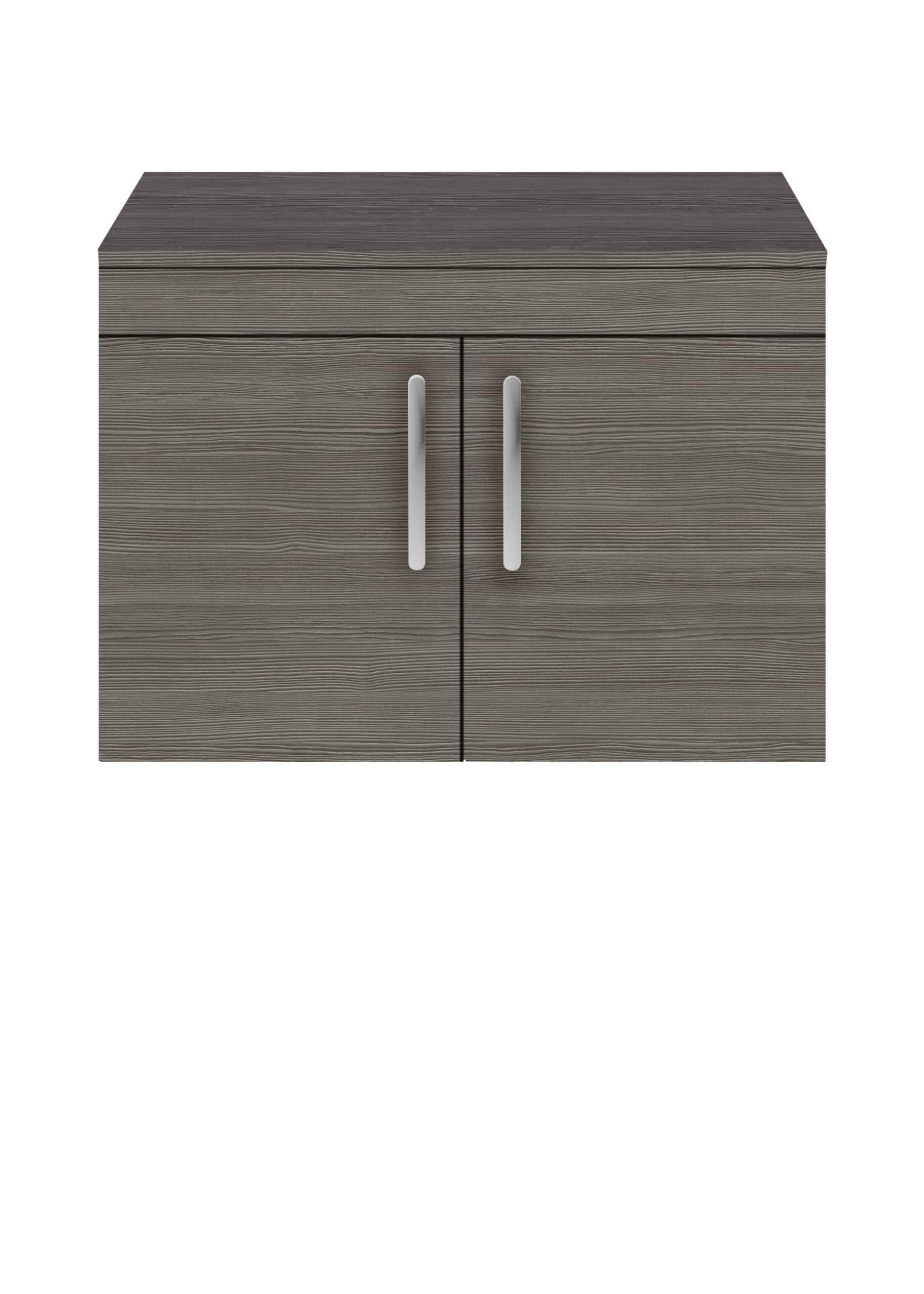 Elegant grey wood-effect bathroom cabinet with sleek silver handles, perfect for modern bathroom storage solutions.