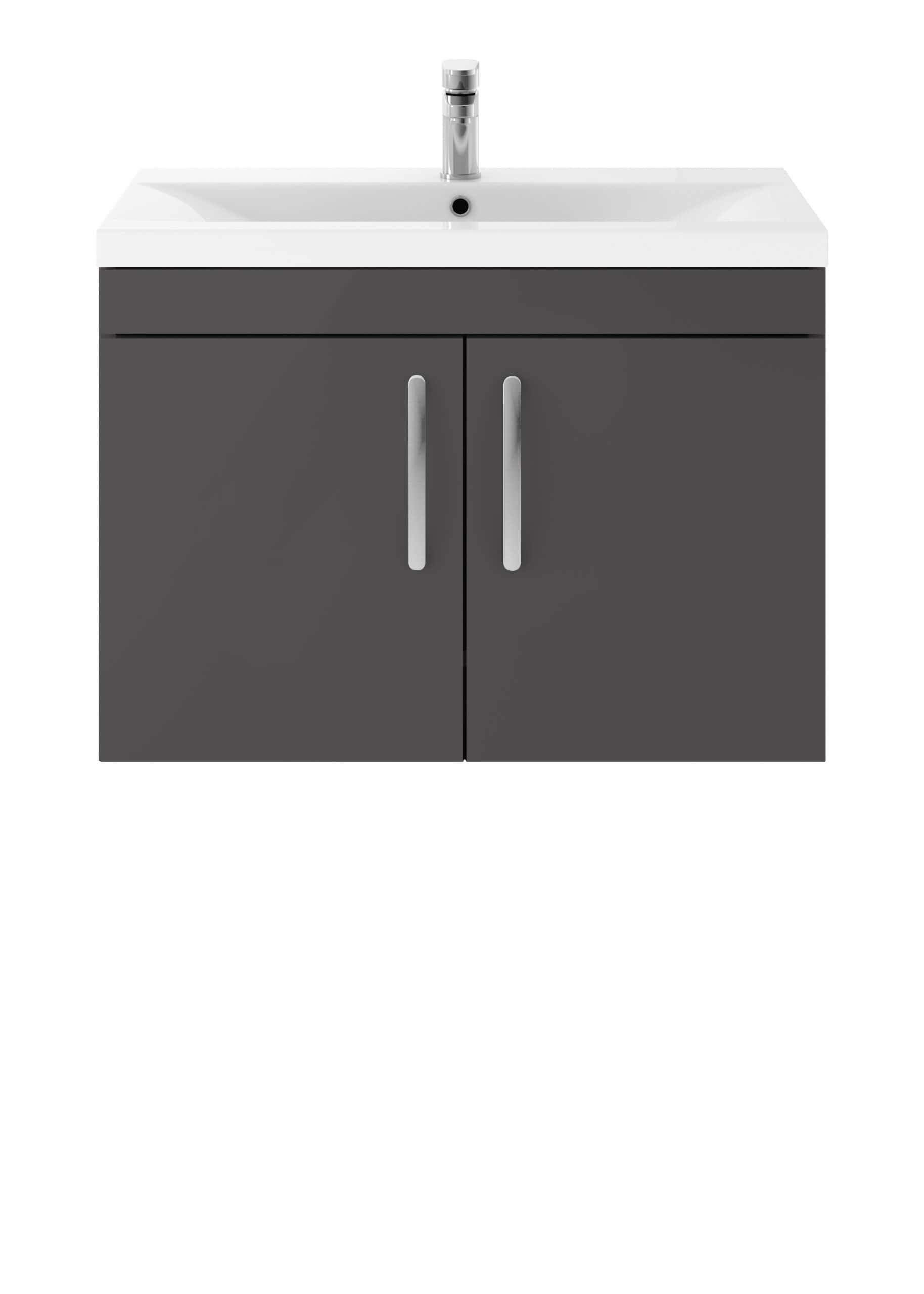 Bathroom vanity with grey storage cabinet and white sink with chrome faucet.