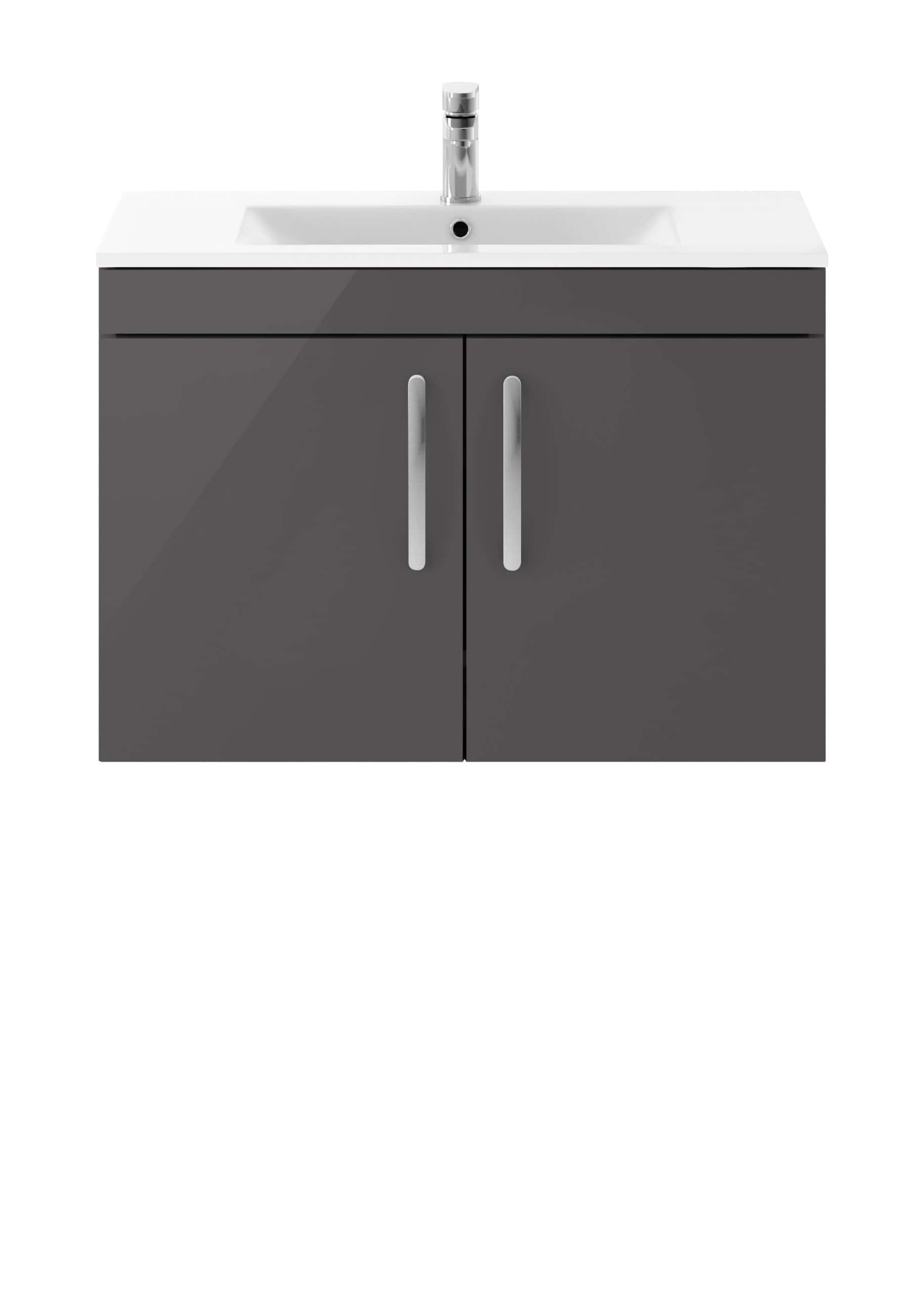 Grey bathroom vanity with white sink and chrome faucet, ideal for bathroom renovation or upgrade. Modern, practical bathroom storage cabinet for your bathroom essentials.