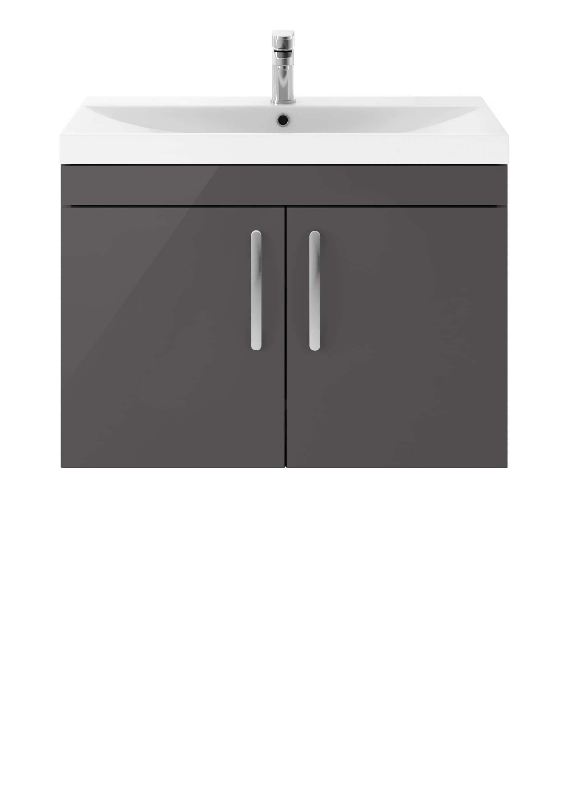 Modern grey bathroom vanity with integrated sink and chrome faucet, suitable for stylish bathroom upgrades and space-saving storage solutions.