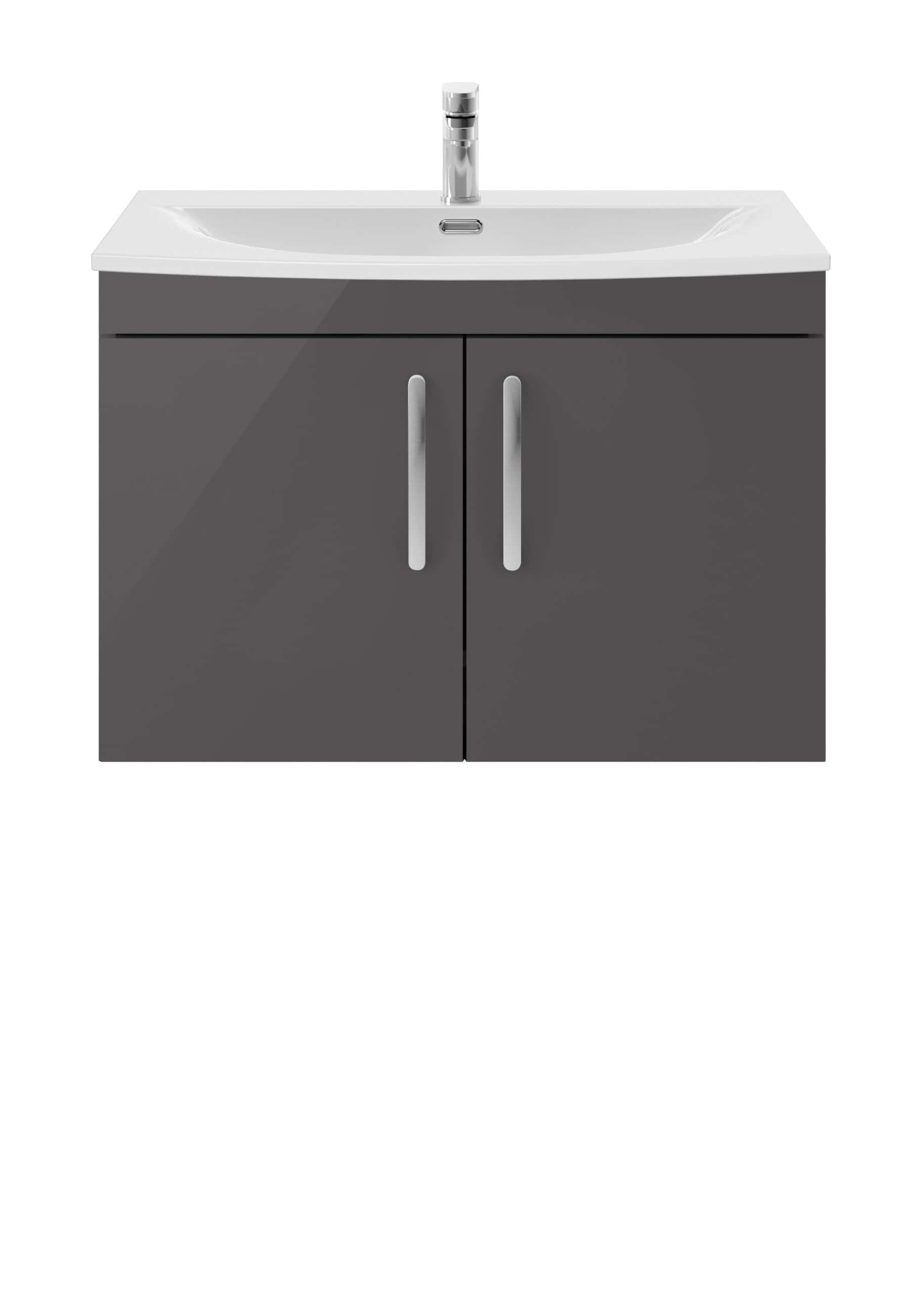 Bathroom vanity unit with sink and modern faucet in grey.