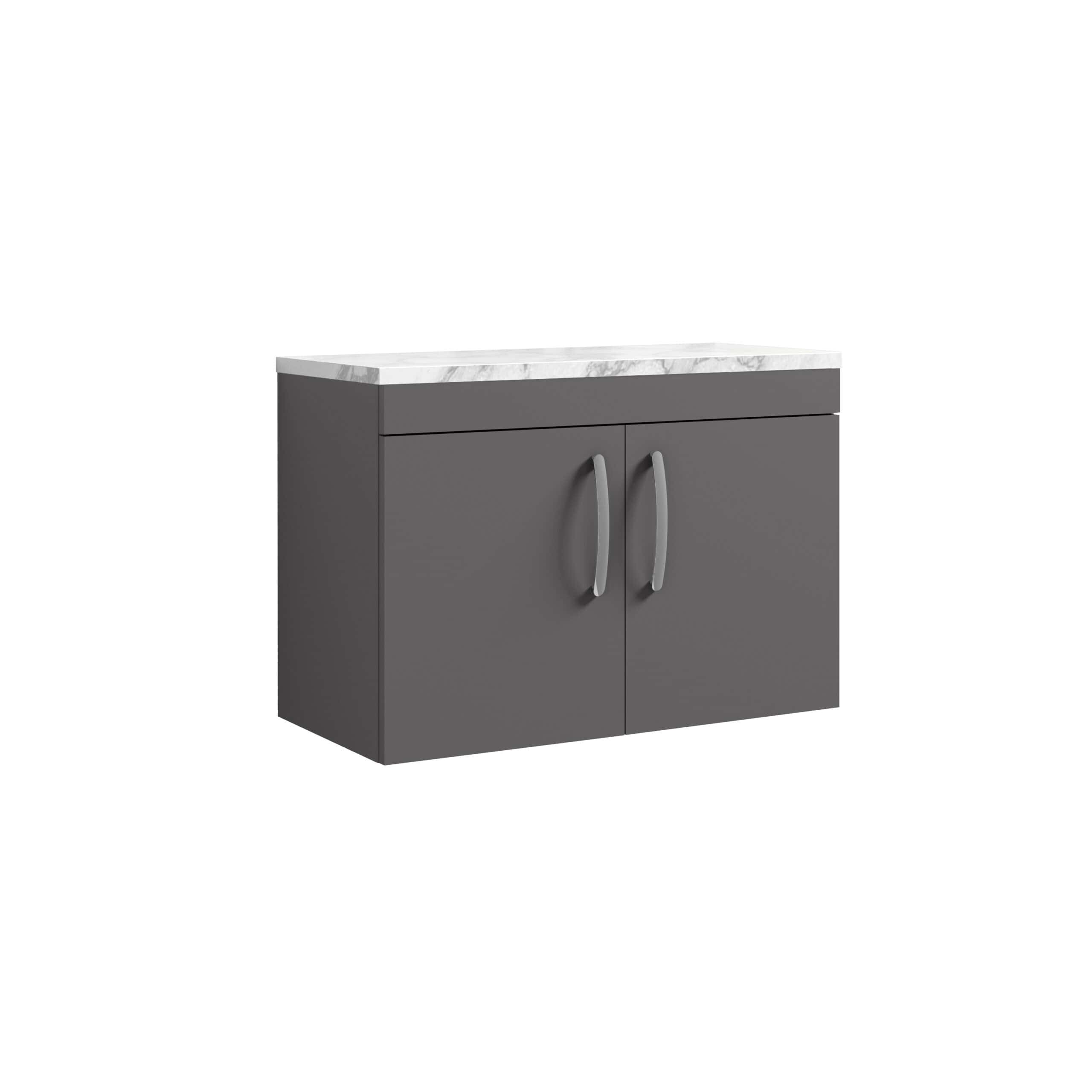 Contemporary bathroom vanity unit with grey finish and marble-effect top, ideal for modern bathroom storage solutions.