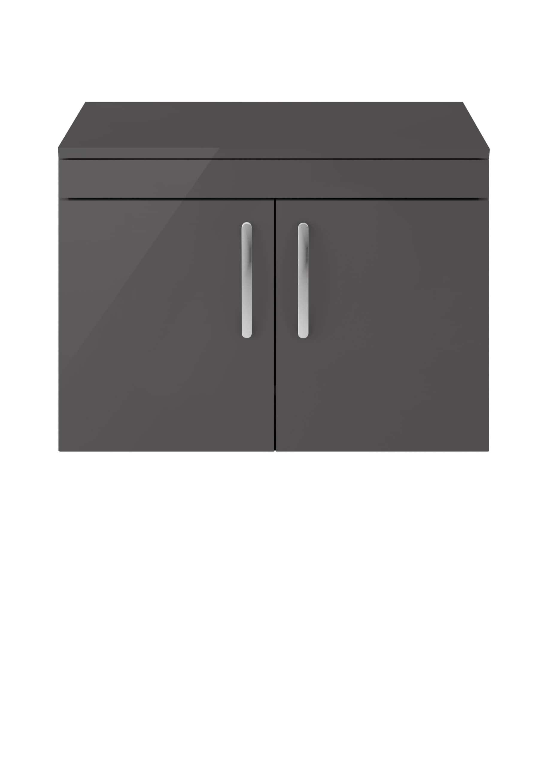 Grey bathroom cabinet with modern silver handles, ideal for bathroom storage and organisation. Durable, sleek design complements contemporary bathroom interiors. Perfect for keeping toiletries tidy.