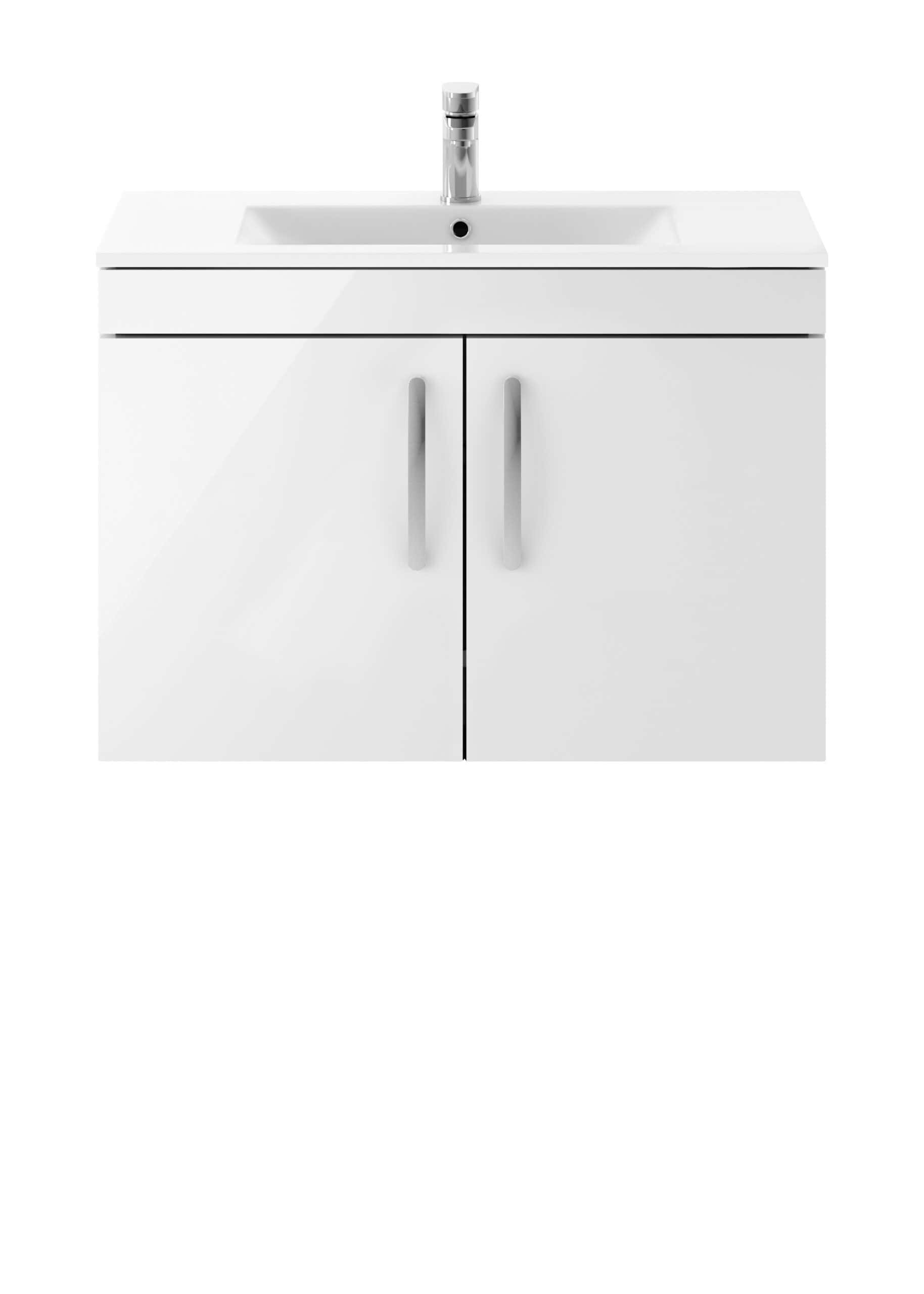 White bathroom vanity cabinet with integrated sink and chrome faucet for modern bathroom design.