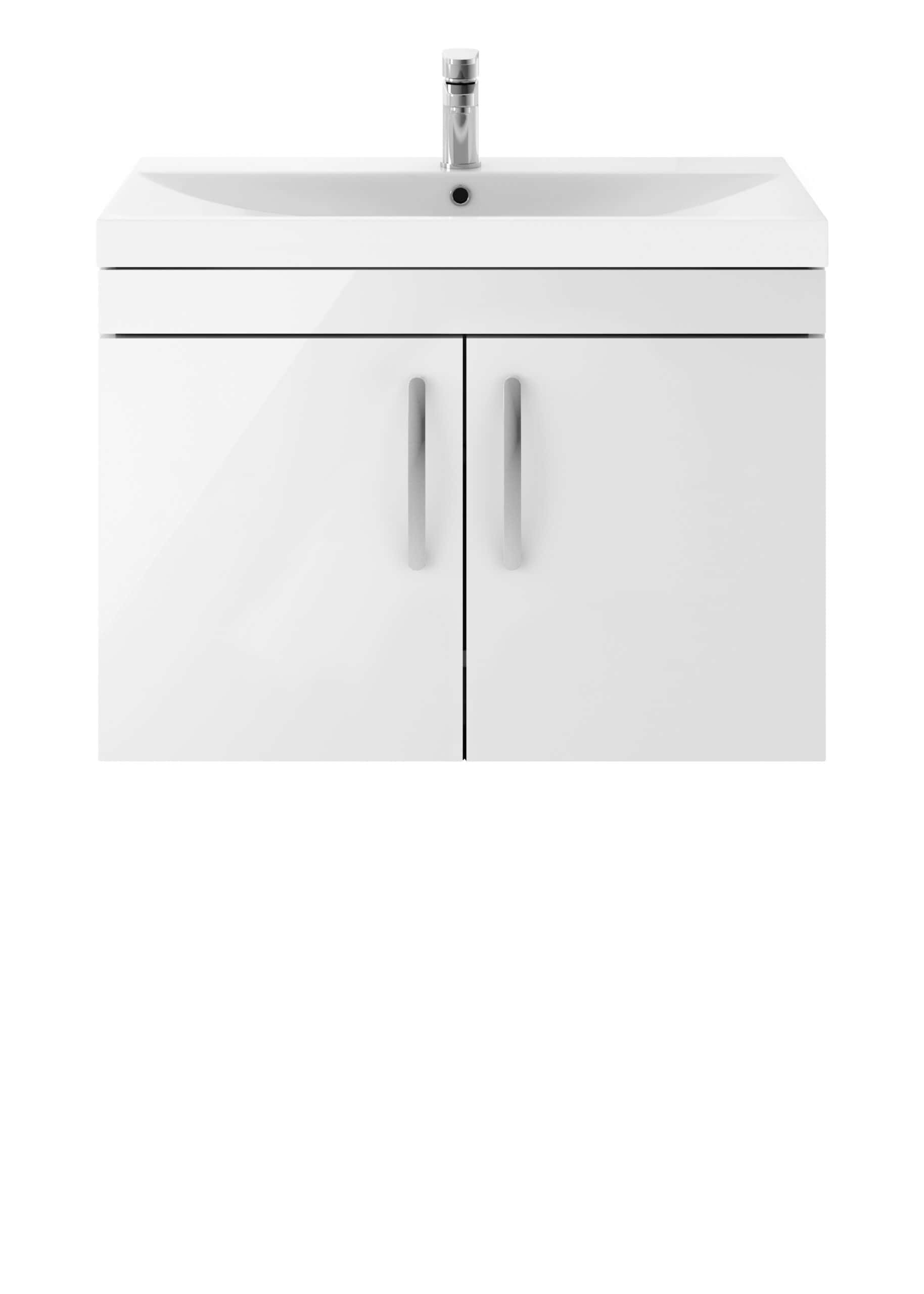 Modern white bathroom vanity with integrated sink and chrome faucet, ideal for contemporary bathroom designs and bathroom storage solutions.