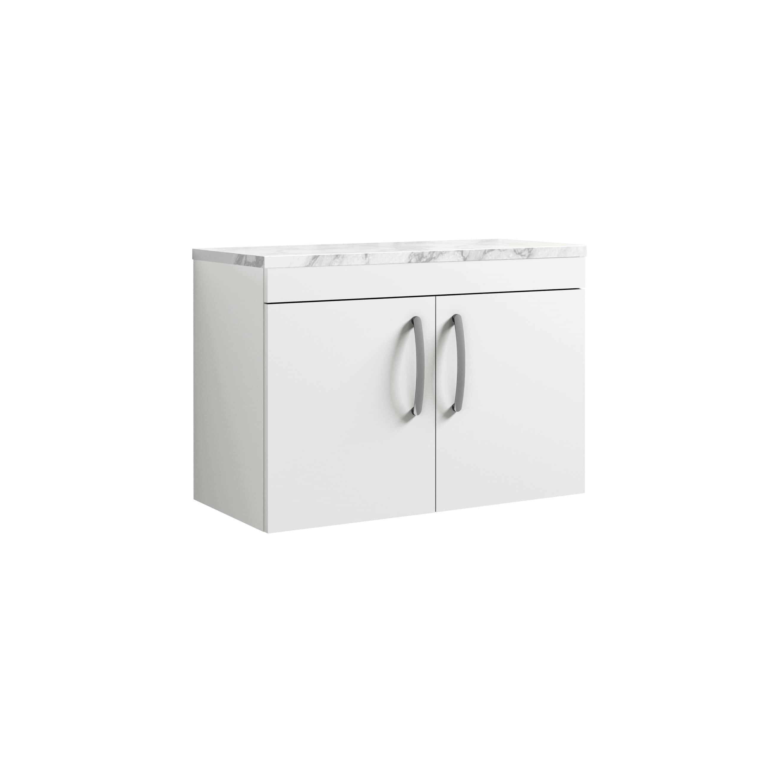Modern white bathroom vanity unit with marble countertop, double cabinet doors, and sleek silver handles for contemporary bathroom storage and style.