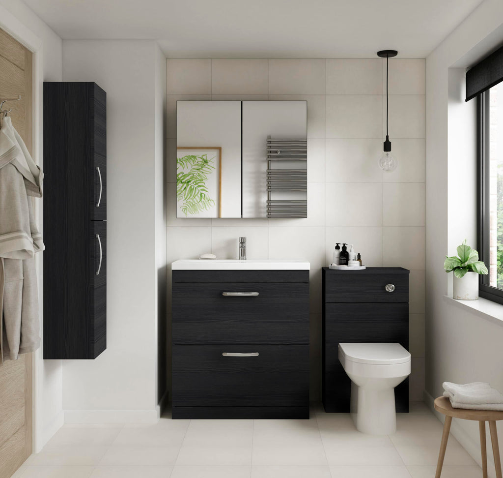 Contemporary modern bathroom with black vanity unit, mirror cabinet, wall-mounted towel rail, and sleek fixtures in a minimalistic design. Bright natural lighting from large window, neutral tones with black accents.