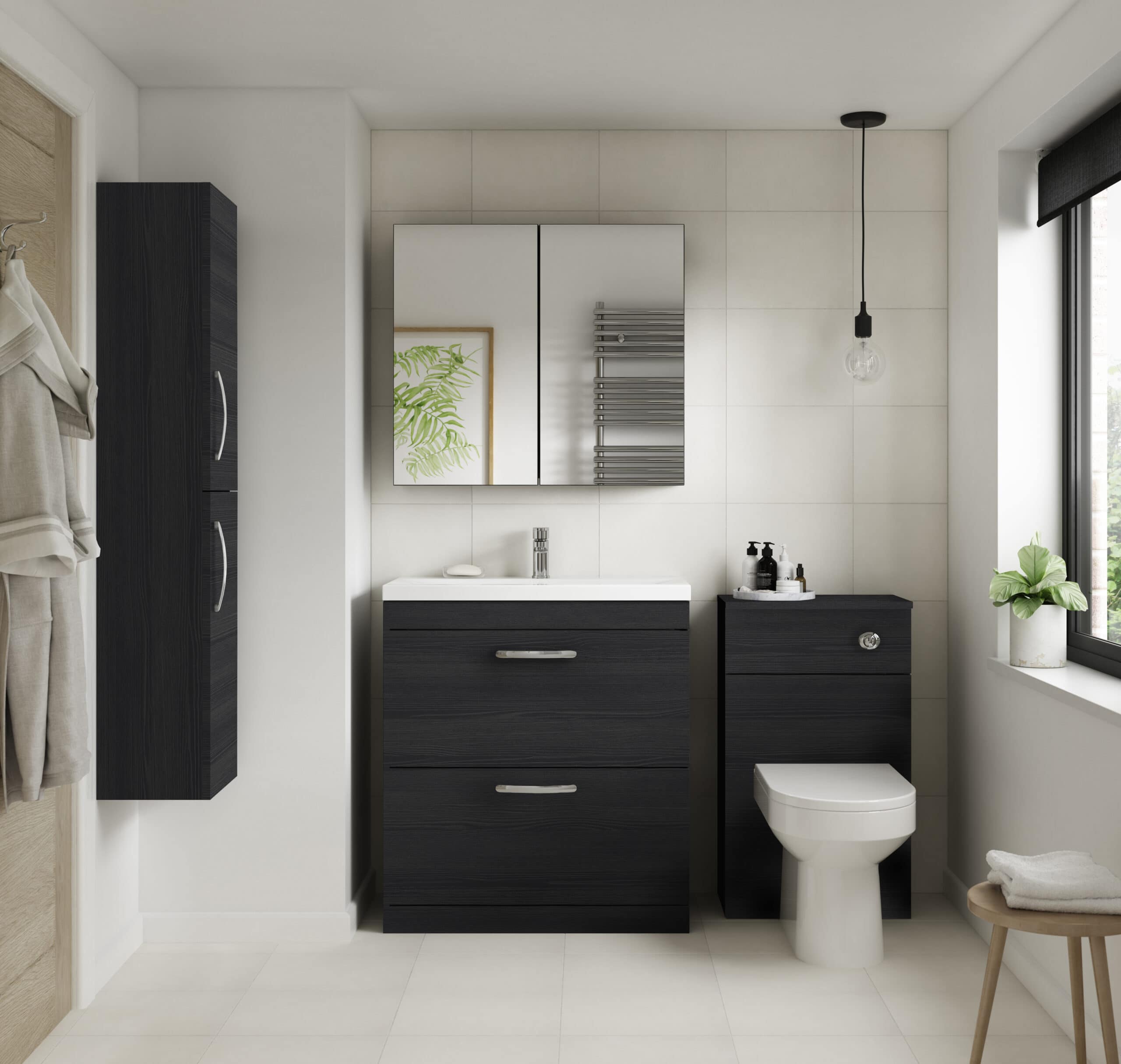 Contemporary modern bathroom with black vanity unit, mirror cabinet, wall-mounted towel rail, and sleek fixtures in a minimalistic design. Bright natural lighting from large window, neutral tones with black accents.