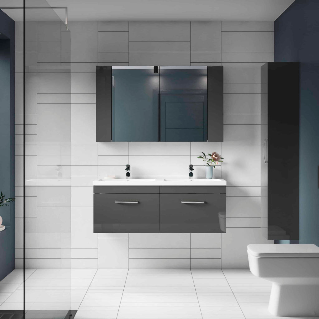 Modern grey bathroom vanity with matching mirror cabinets, white tiled walls, and minimalist decor, ideal for contemporary Bubly Bathrooms installations.