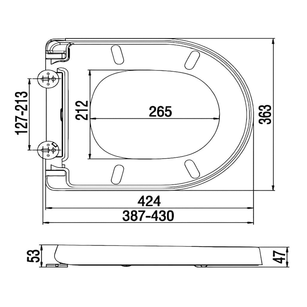 RAKSEAT006 dimensions: 424 x 363 mm, fixing centres 127-213 mm