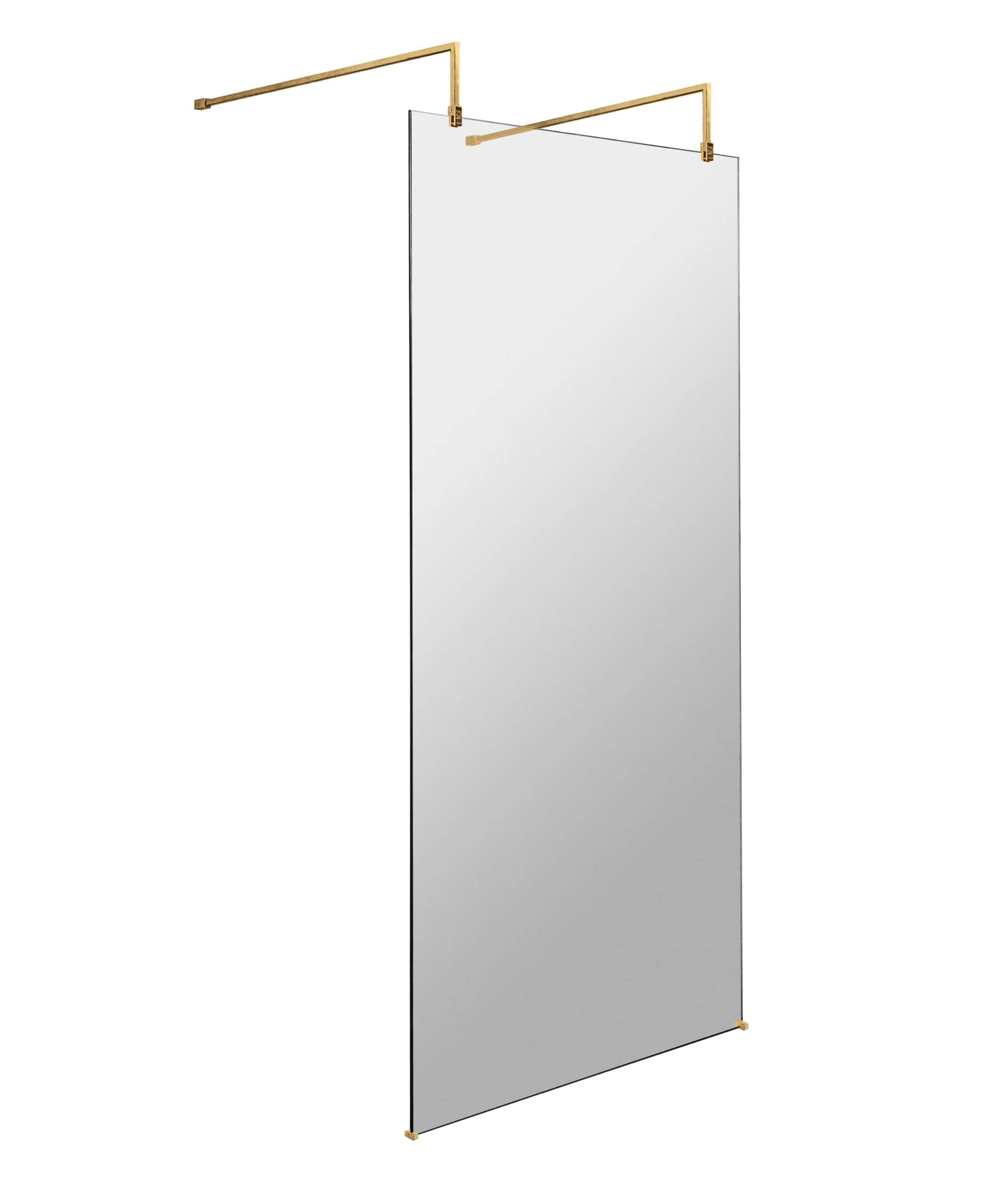 Clear glass shower screen with gold fixtures, ideal for modernised bathroom designs.