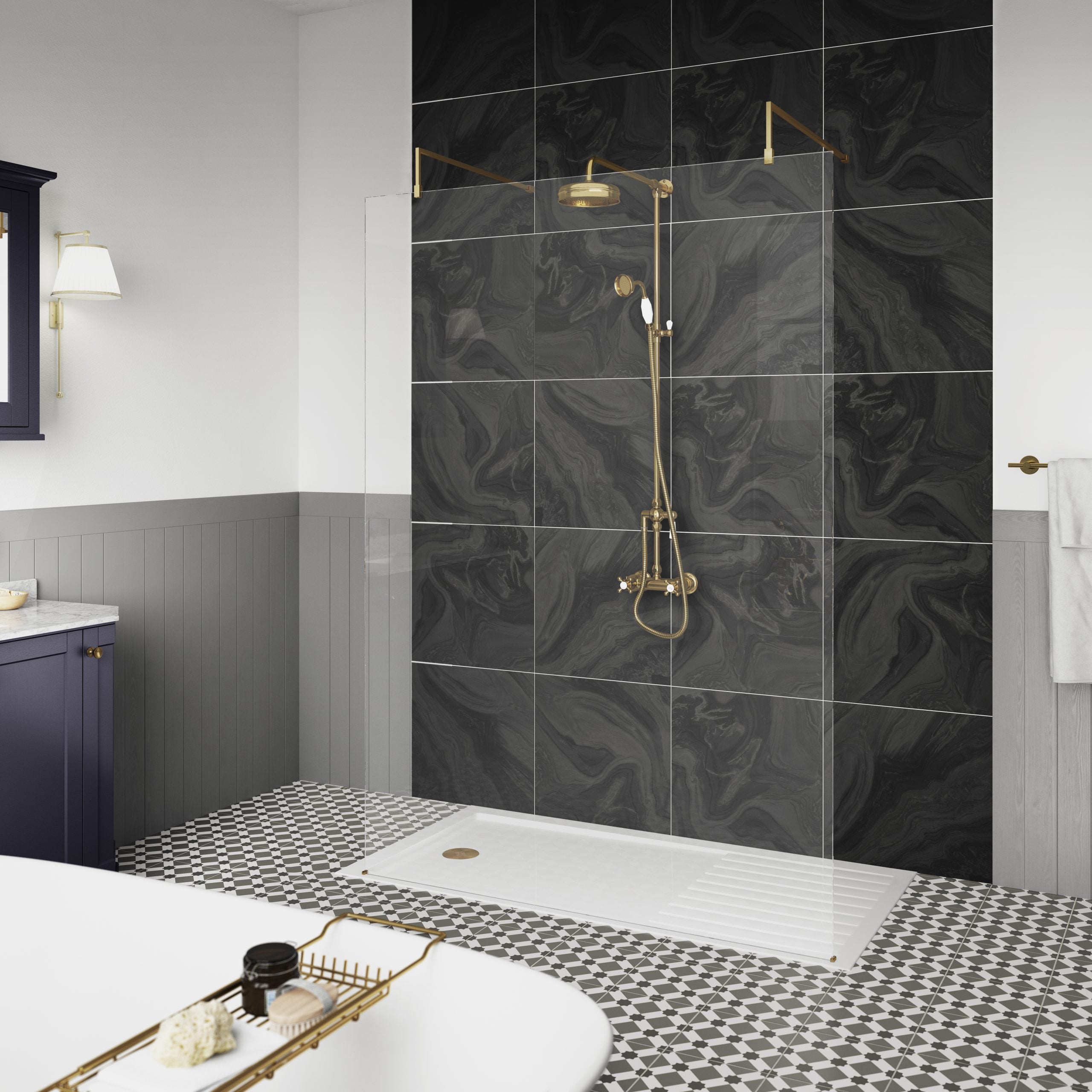 Shower with black marble-effect tiles, gold fixtures, and a walk-in design in contemporary bathroom decor. Perfect for modern bathrooms seeking luxury and elegance.