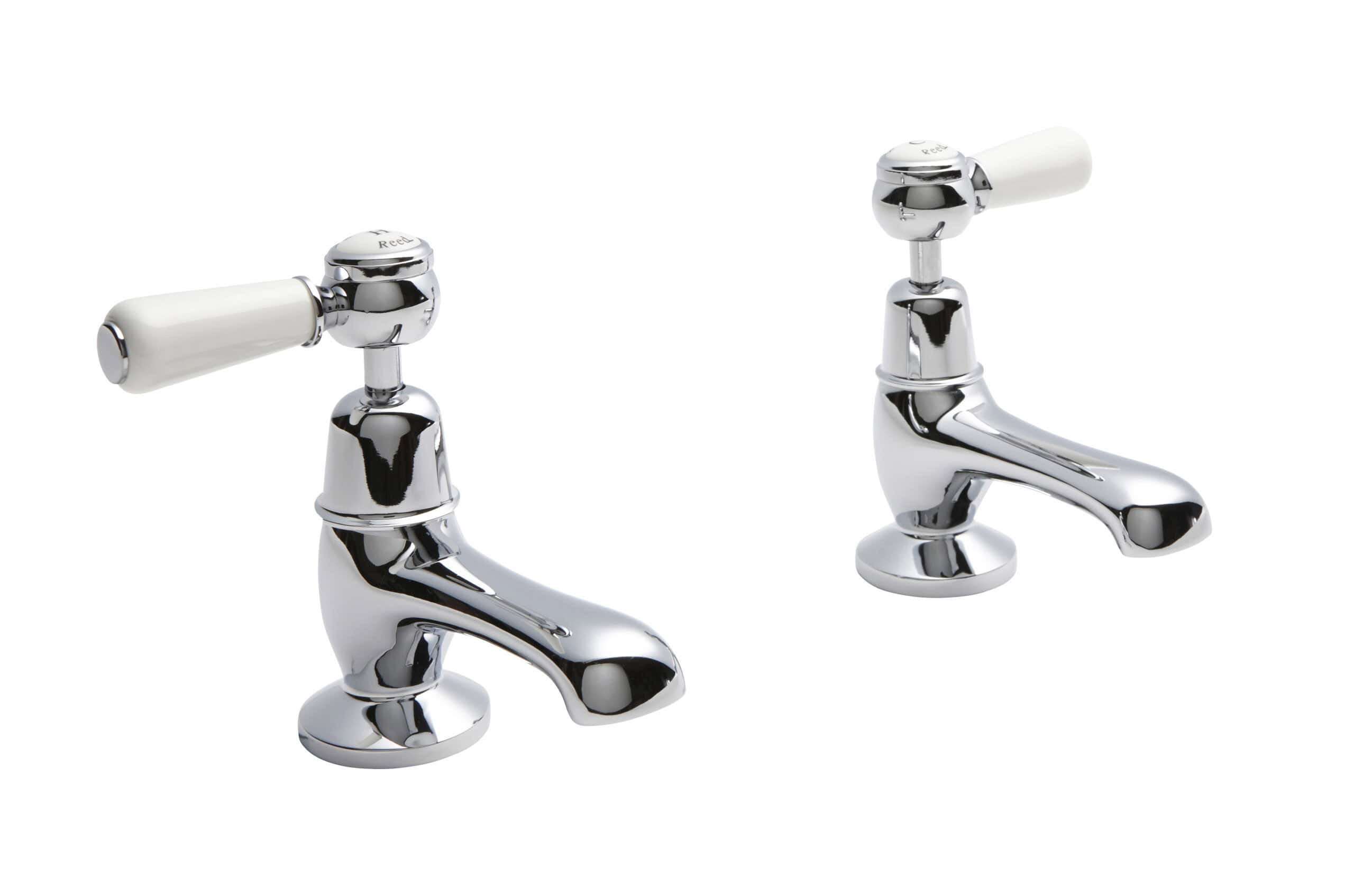 Polished chrome bathroom taps with white ceramic handles, perfect for traditional or vintage-style bathroom designs. High-quality fixtures from Bubly Bathrooms.