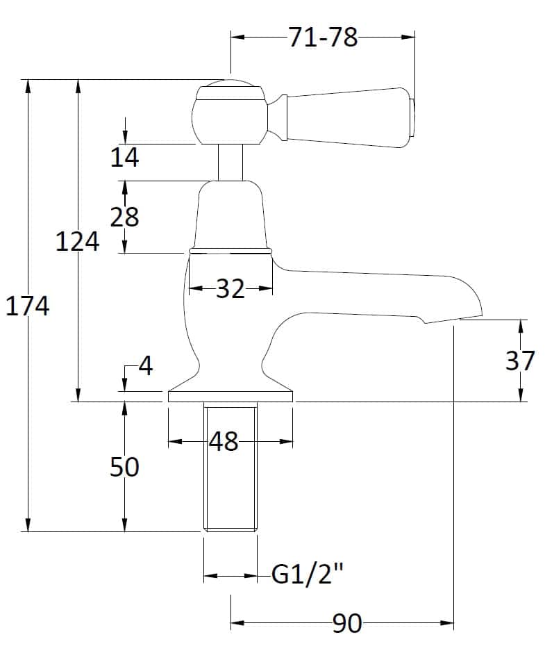 Brass bathroom tap with detailed technical drawing, plumbing measurements, and specifications for installation.