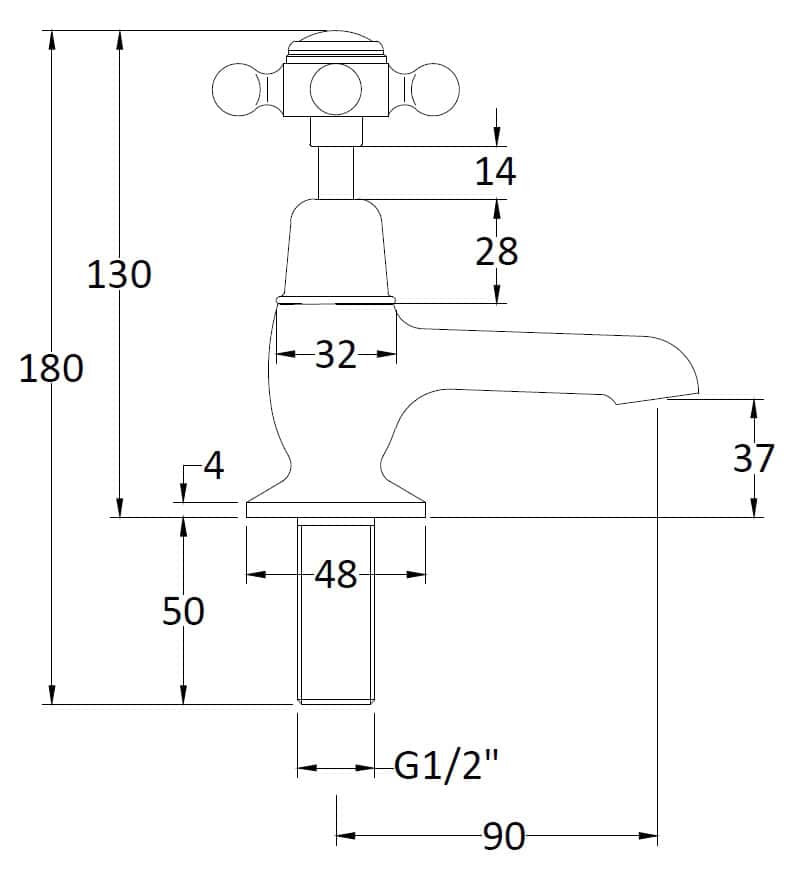 Brass bathroom taps, vintage style single-handle basin faucet with detailed technical line drawing for plumbing installation.