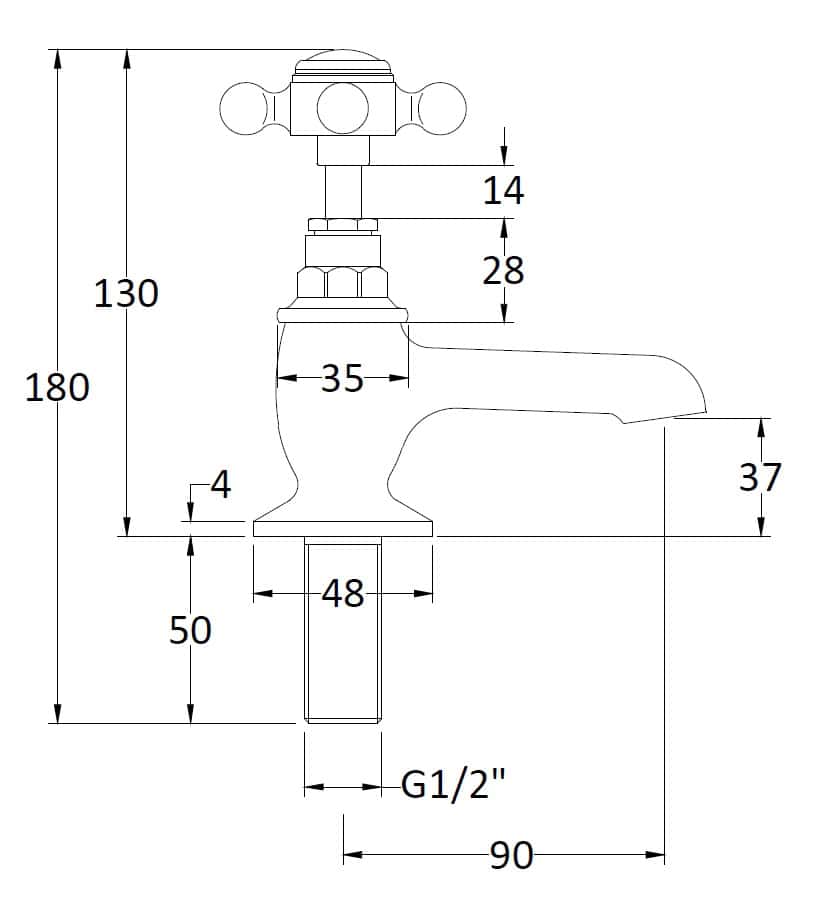 Brass bathroom tap technical drawing with measurements and specifications for installation.