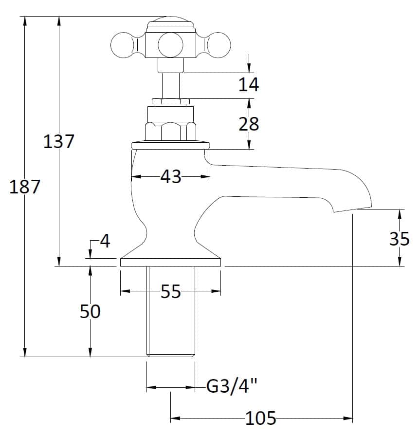 Brass bathroom tap with detailed technical drawing, dimensions, and specifications for installation. High-quality bathroom plumbing fixtures from Bubly Bathrooms.